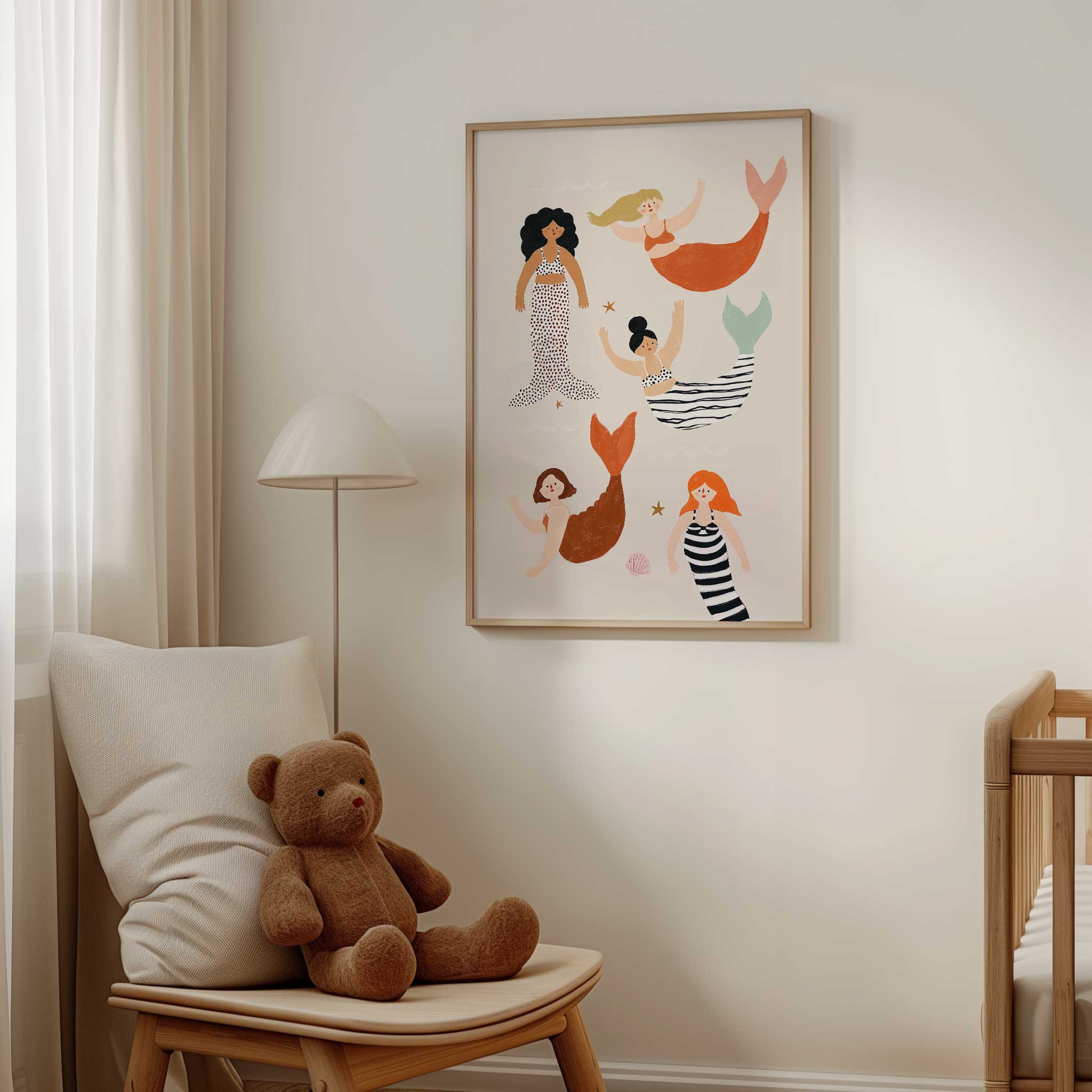 Joyful Mermaid Friends illustration, diverse minimalist print for ocean-themed playroom