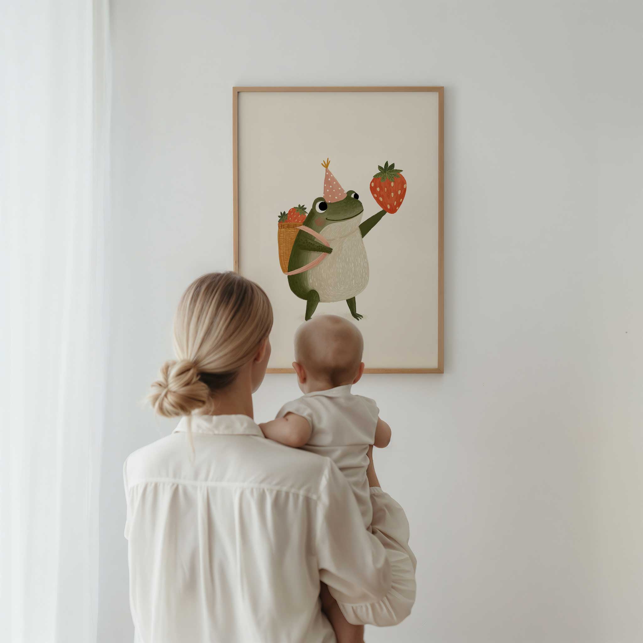 Cheerful Strawberry Frog with party hat, playful modern wall art for adventurous kids room