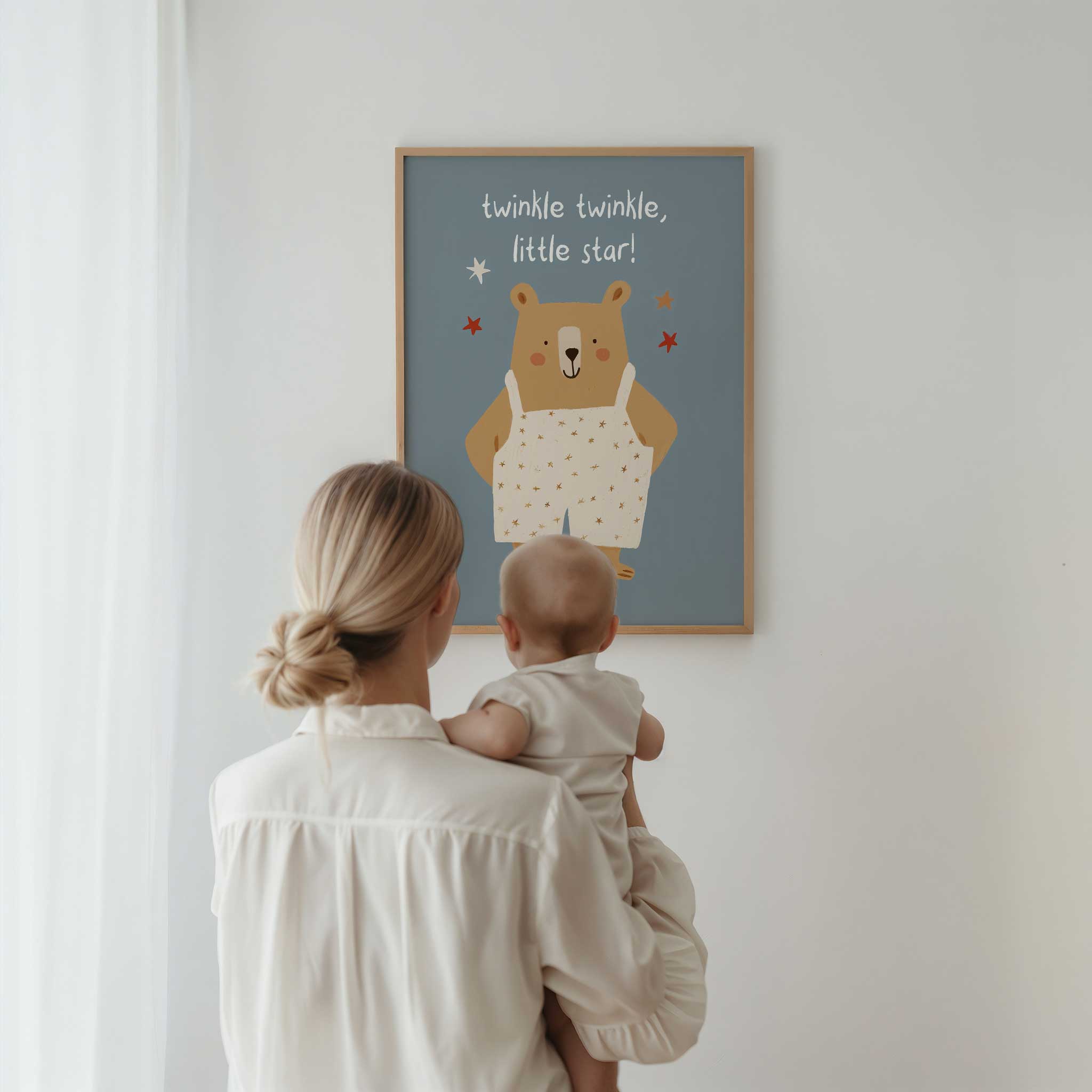 Charming Twinkle Bear in starry overalls, magical modern wall art for lullaby themed nursery
