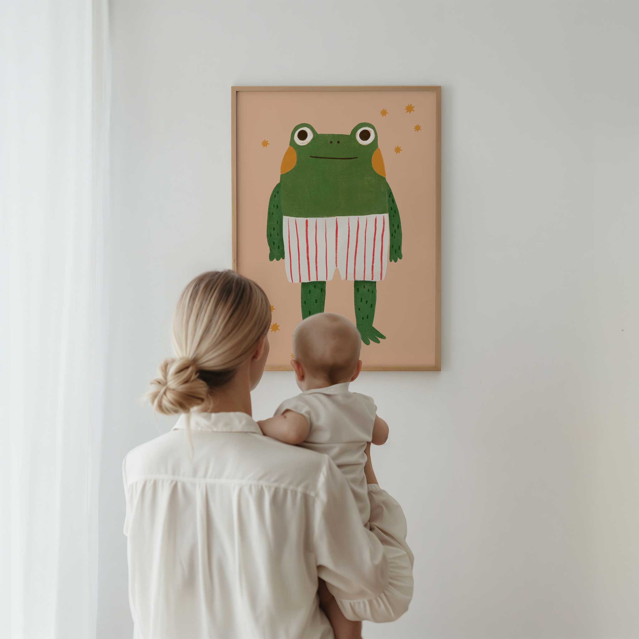Quirky Green Frog in Striped Shorts, cheerful minimalist print for playroom decor