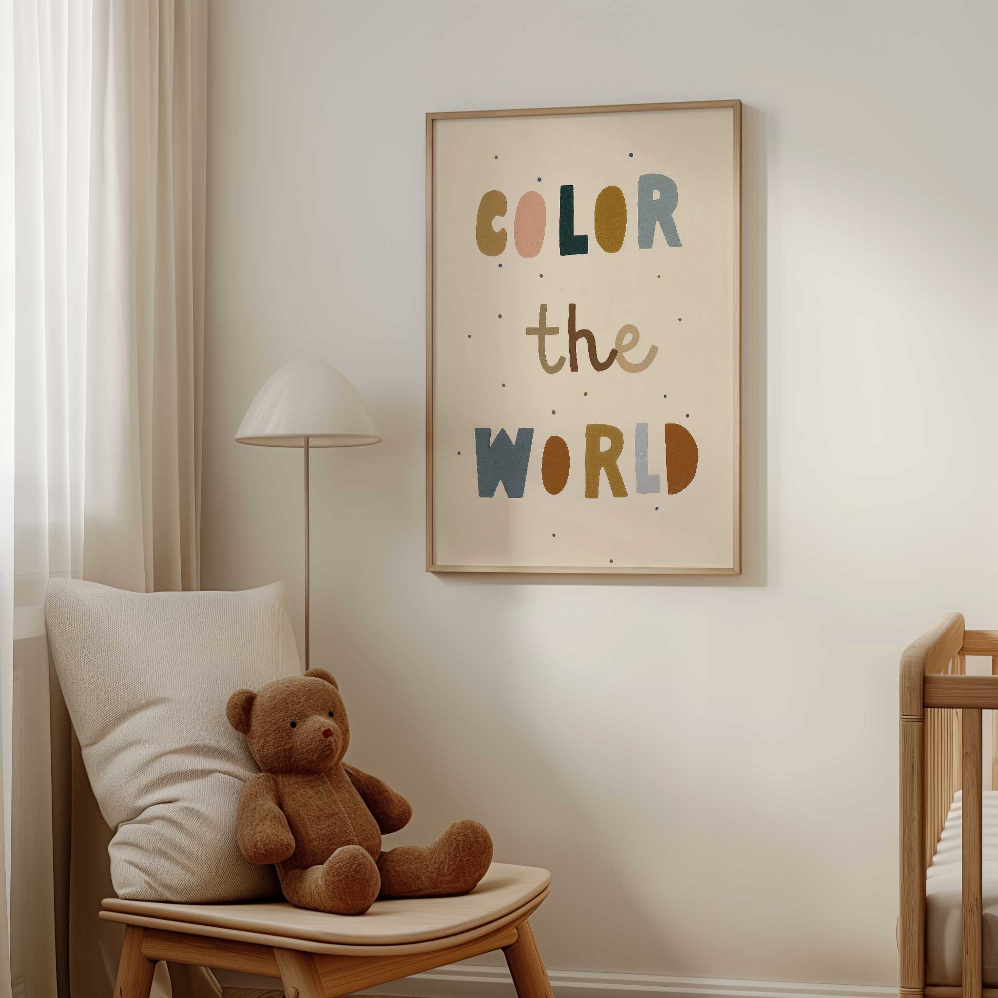 Cheerful 'Color the World' typography print, bold aesthetic print for creative kids room