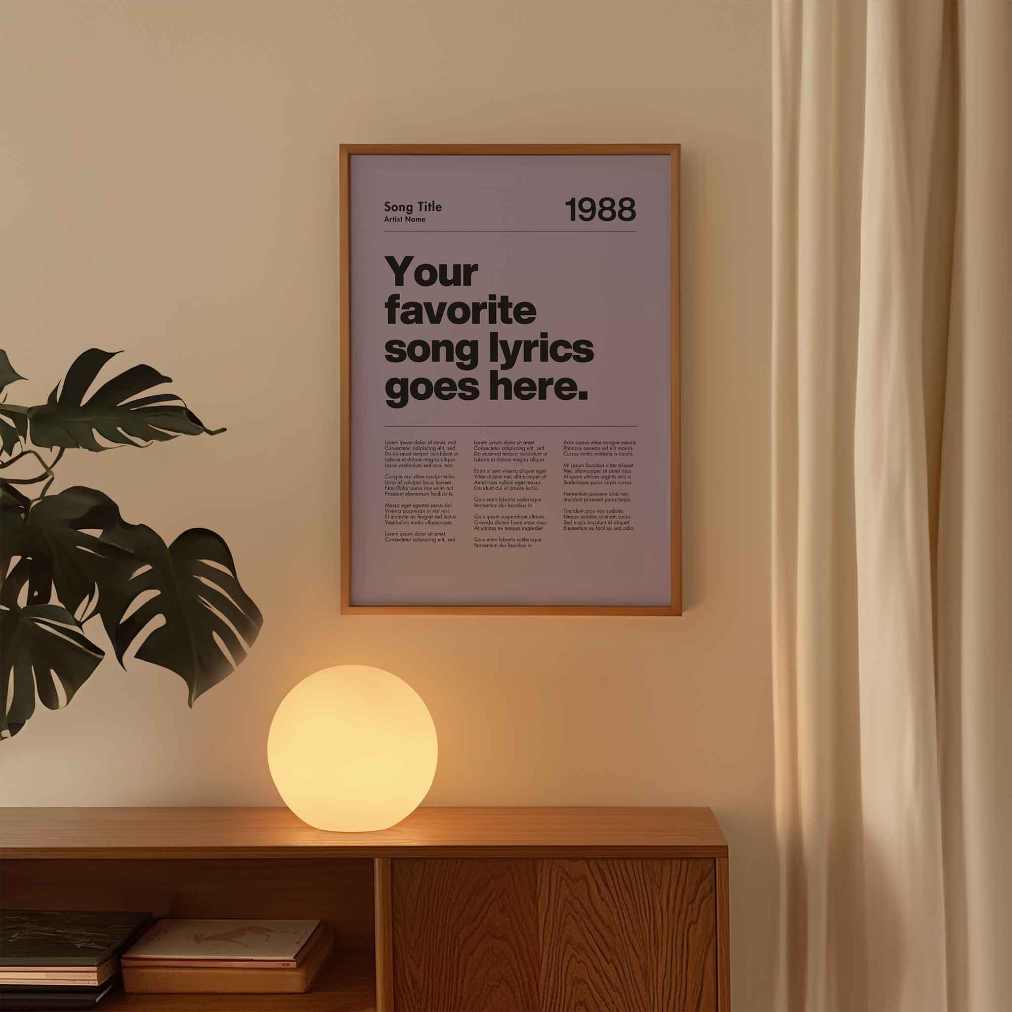a poster hanging on a wall next to a plant