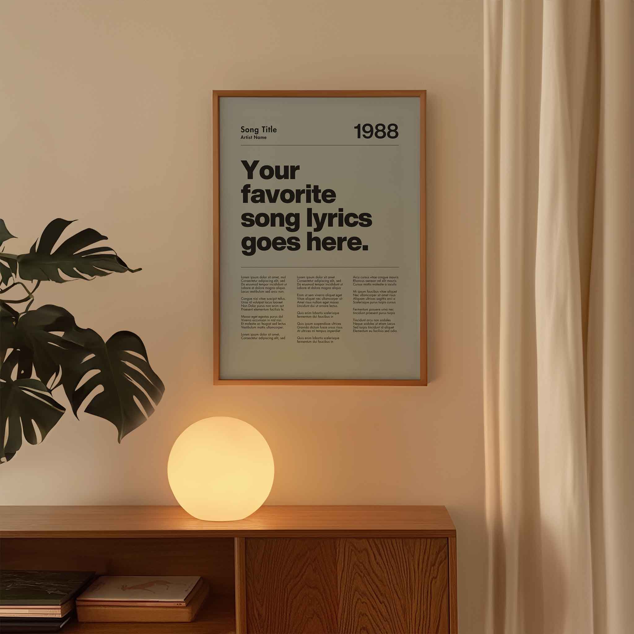 a poster hanging on a wall next to a plant