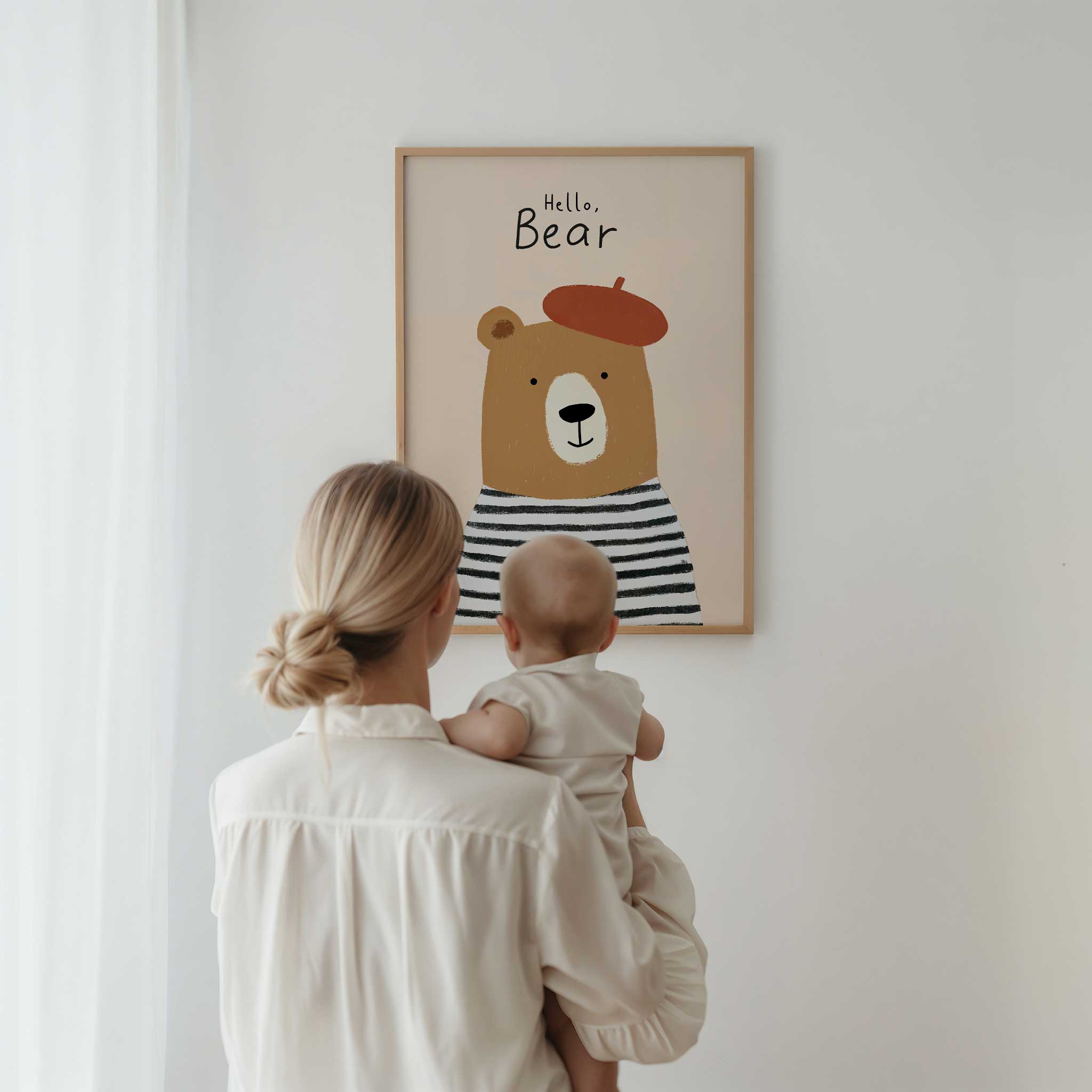 Charming Striped Shirt Bear with red beret, Parisian flair aesthetic print for playful nursery