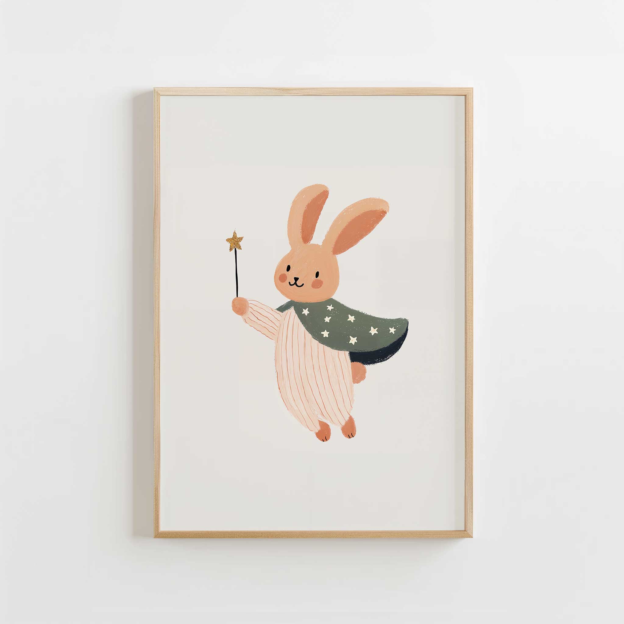 Sweet Magic Wand Bunny in starry cape, whimsical aesthetic print for fairy tale nursery
