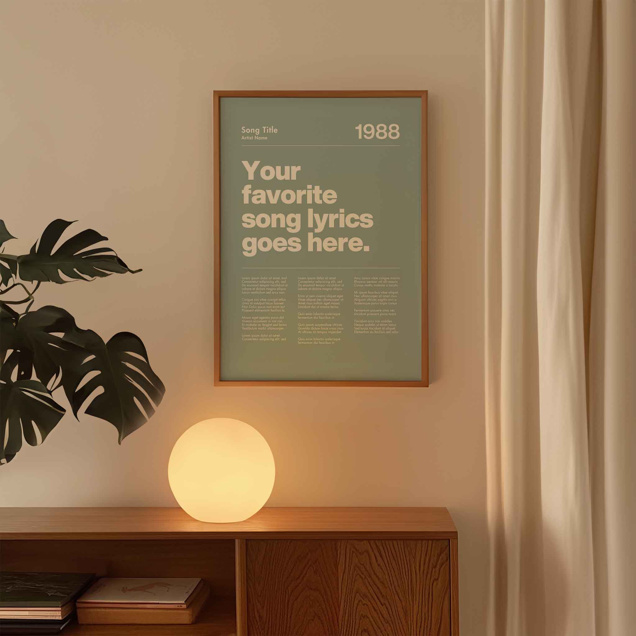 a poster on a wall next to a plant