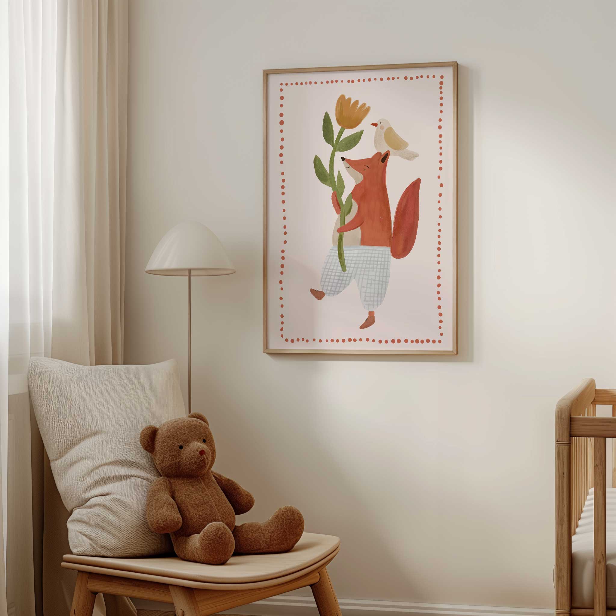 Heartwarming Fox with Flower and bird art print, whimsical minimalist print for warm playroom