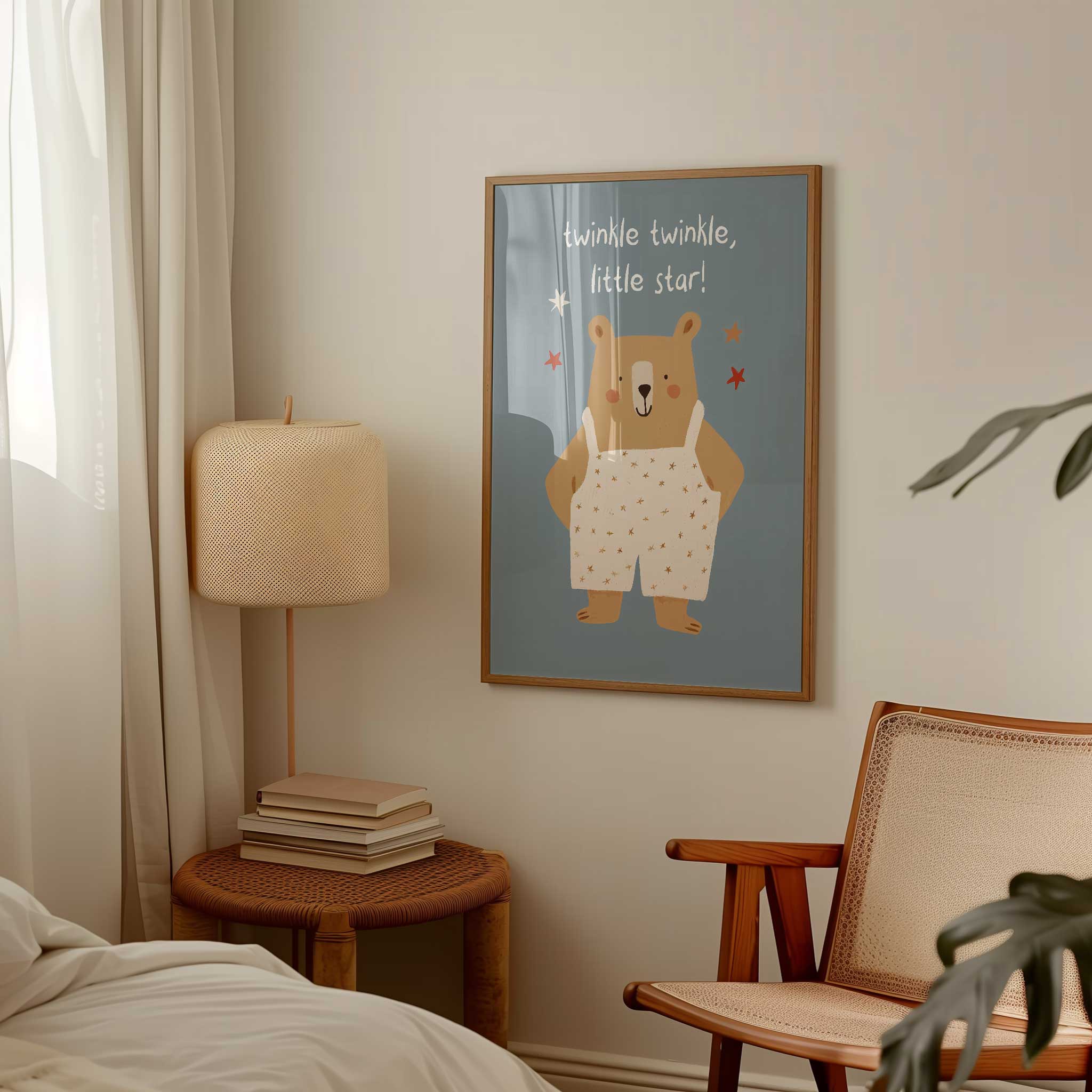 Charming Twinkle Bear in starry overalls, magical modern wall art for lullaby themed nursery