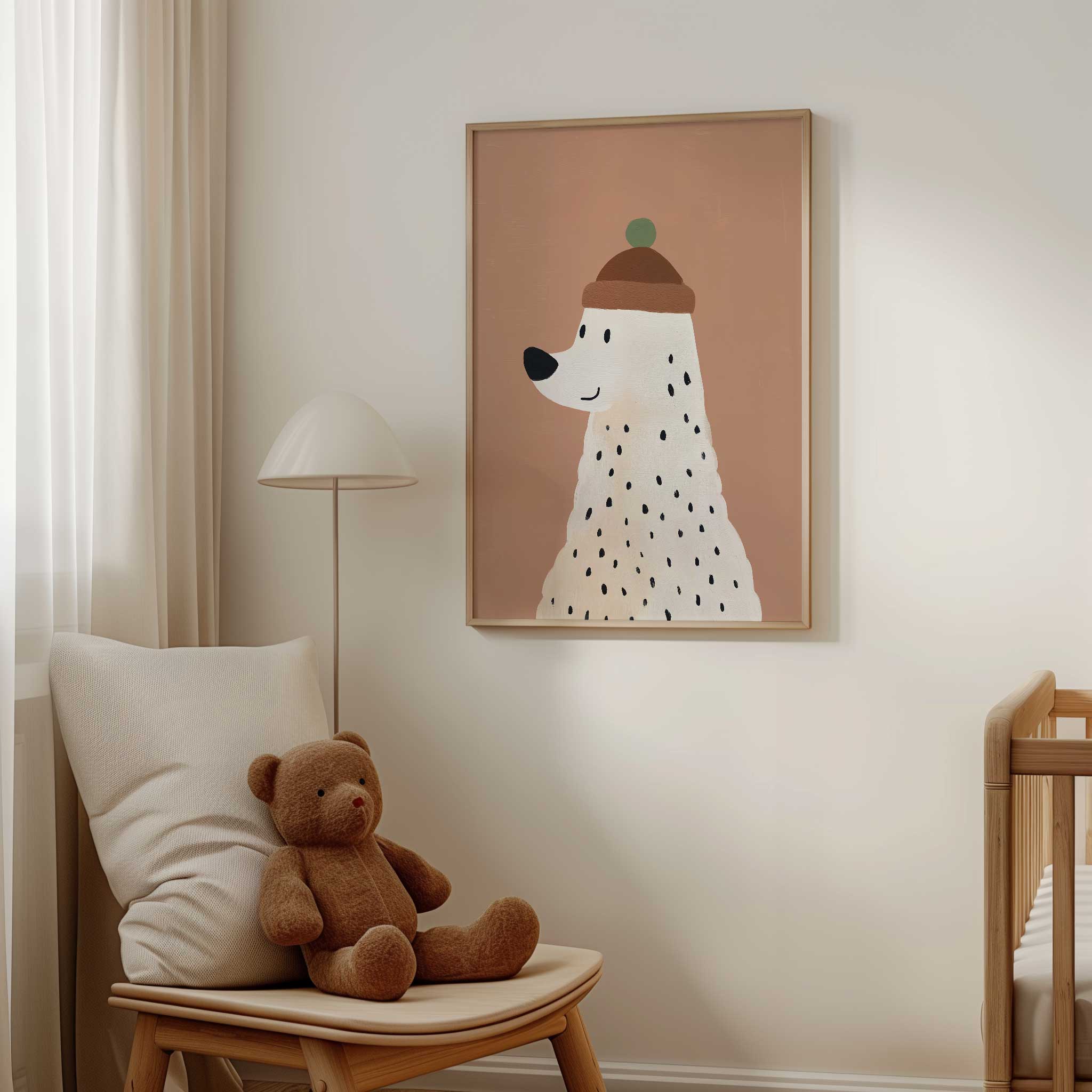 Cozy Winter Buddy Polar Bear in beanie, charming aesthetic print for winter themed nursery