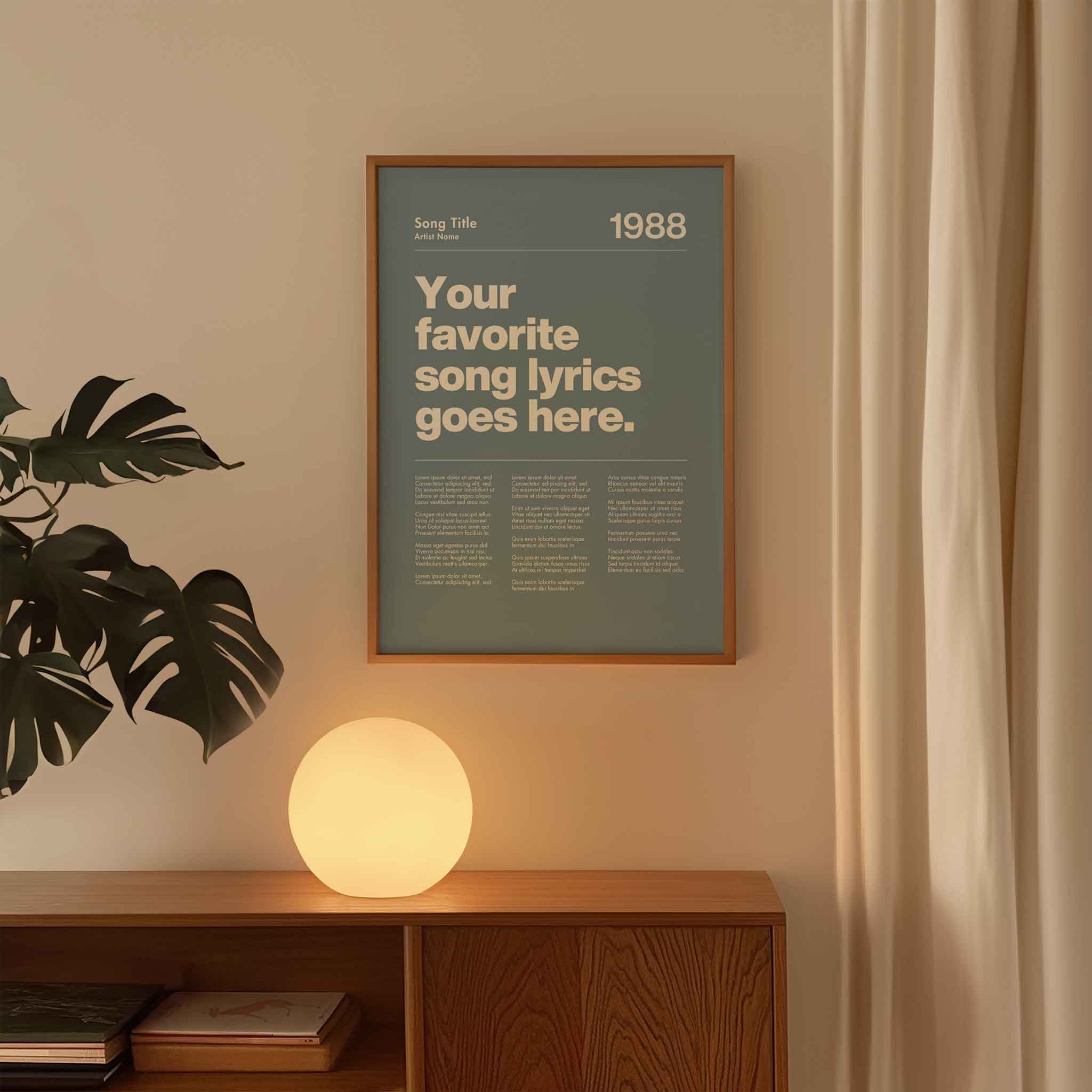 a poster on a wall next to a plant