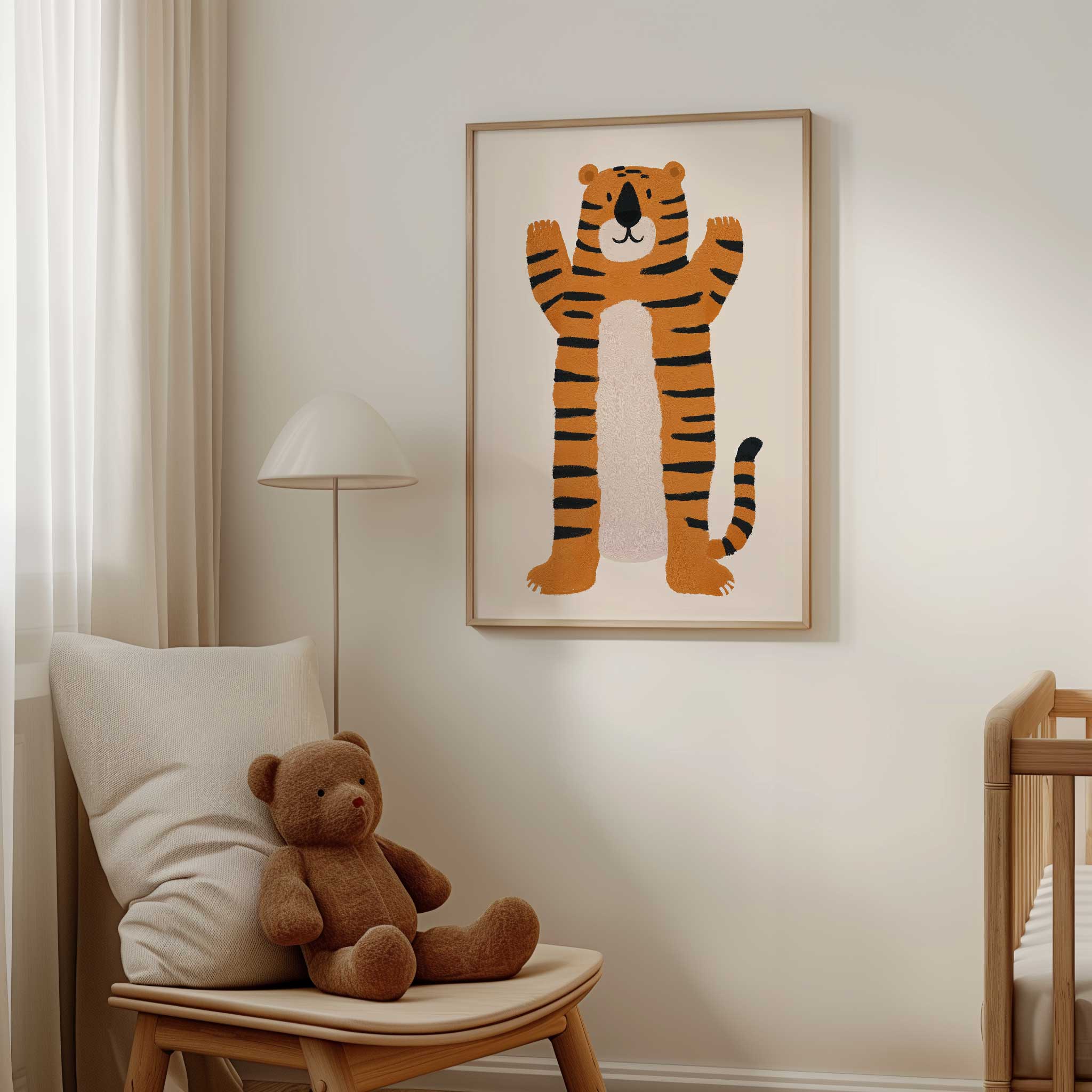 Playful Friendly Tiger kids illustration, bold modern wall art for adventurous character room