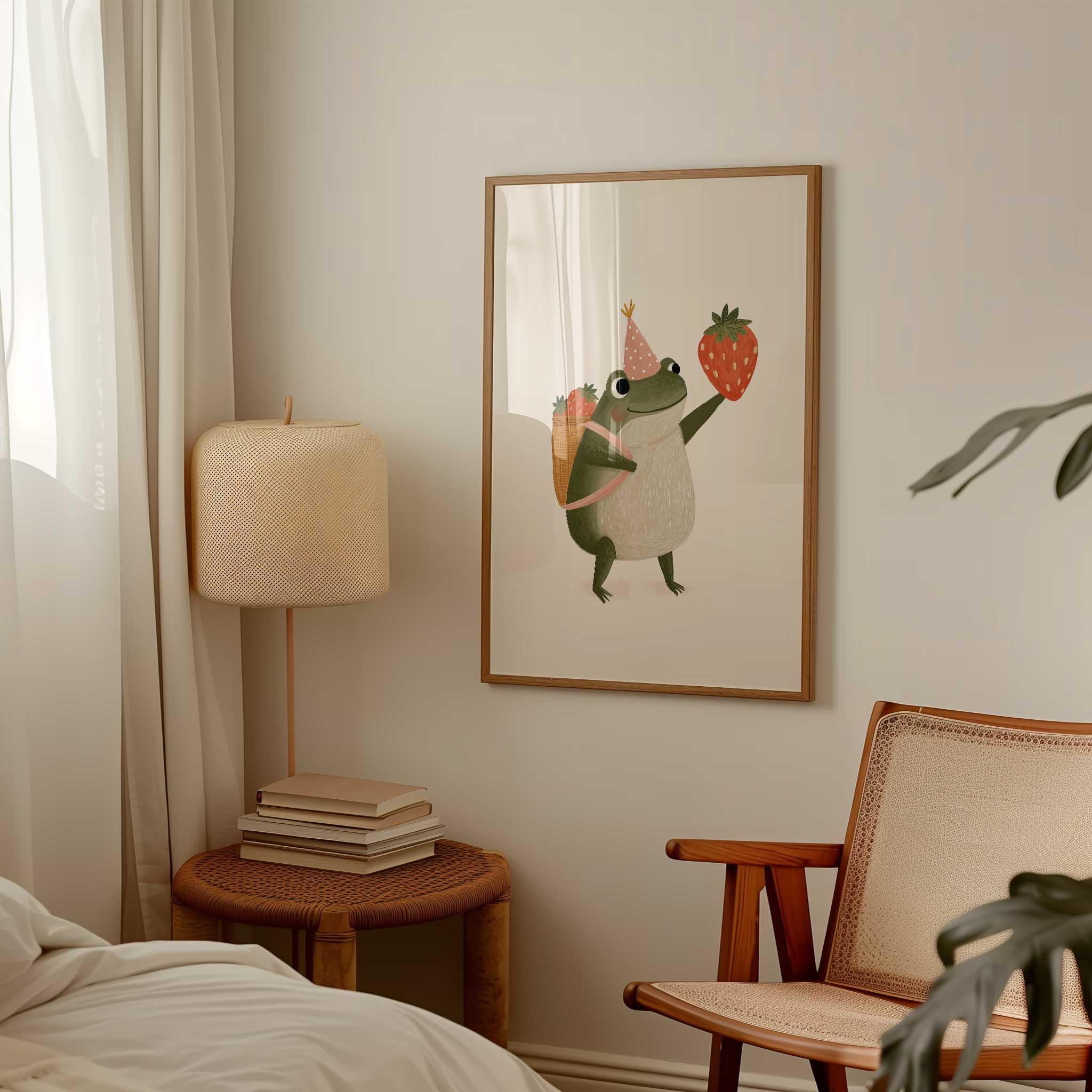 Cheerful Strawberry Frog with party hat, playful modern wall art for adventurous kids room
