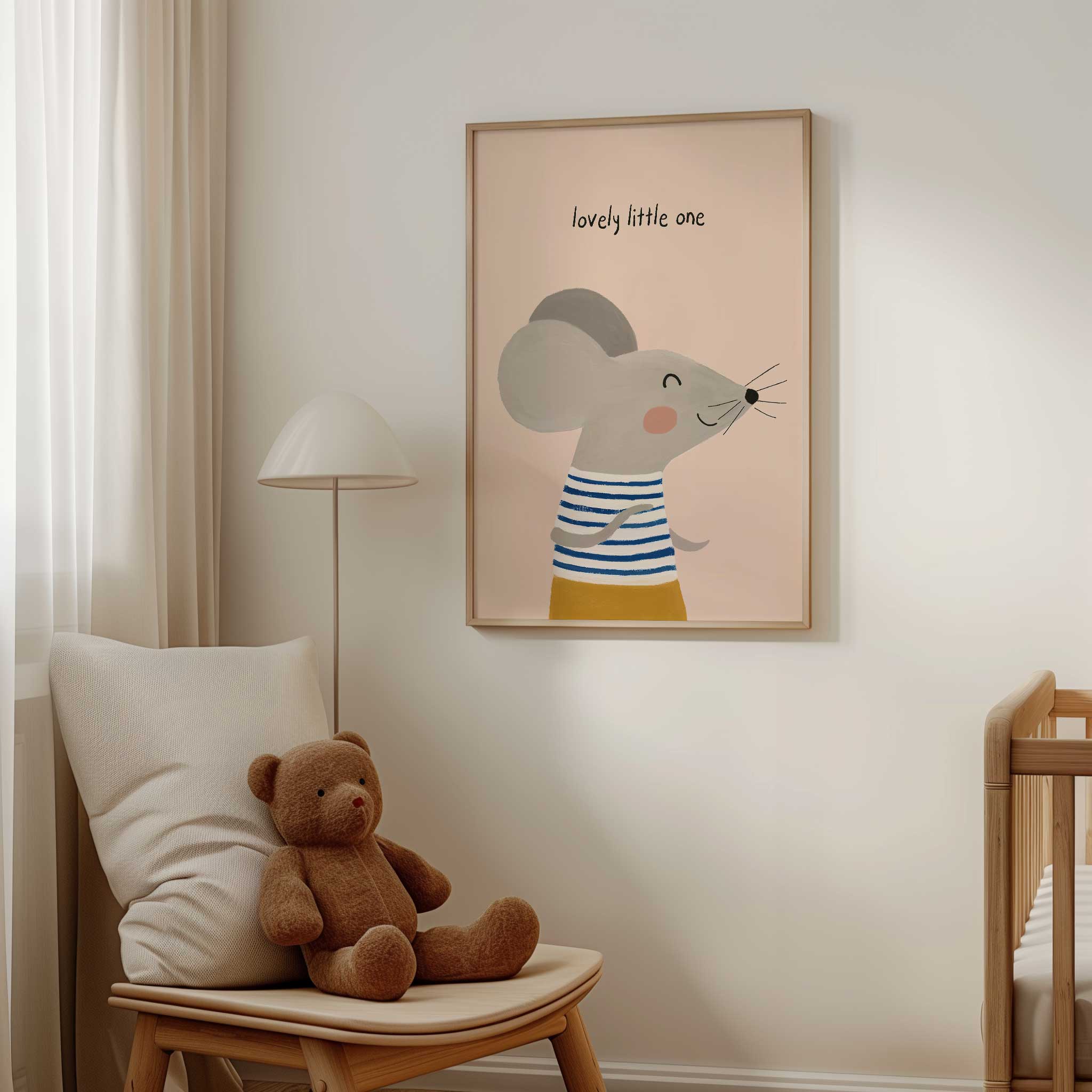 Sweet Smiling Mouse in striped shirt 'Lovely Little One', gentle aesthetic print for joyful playroom