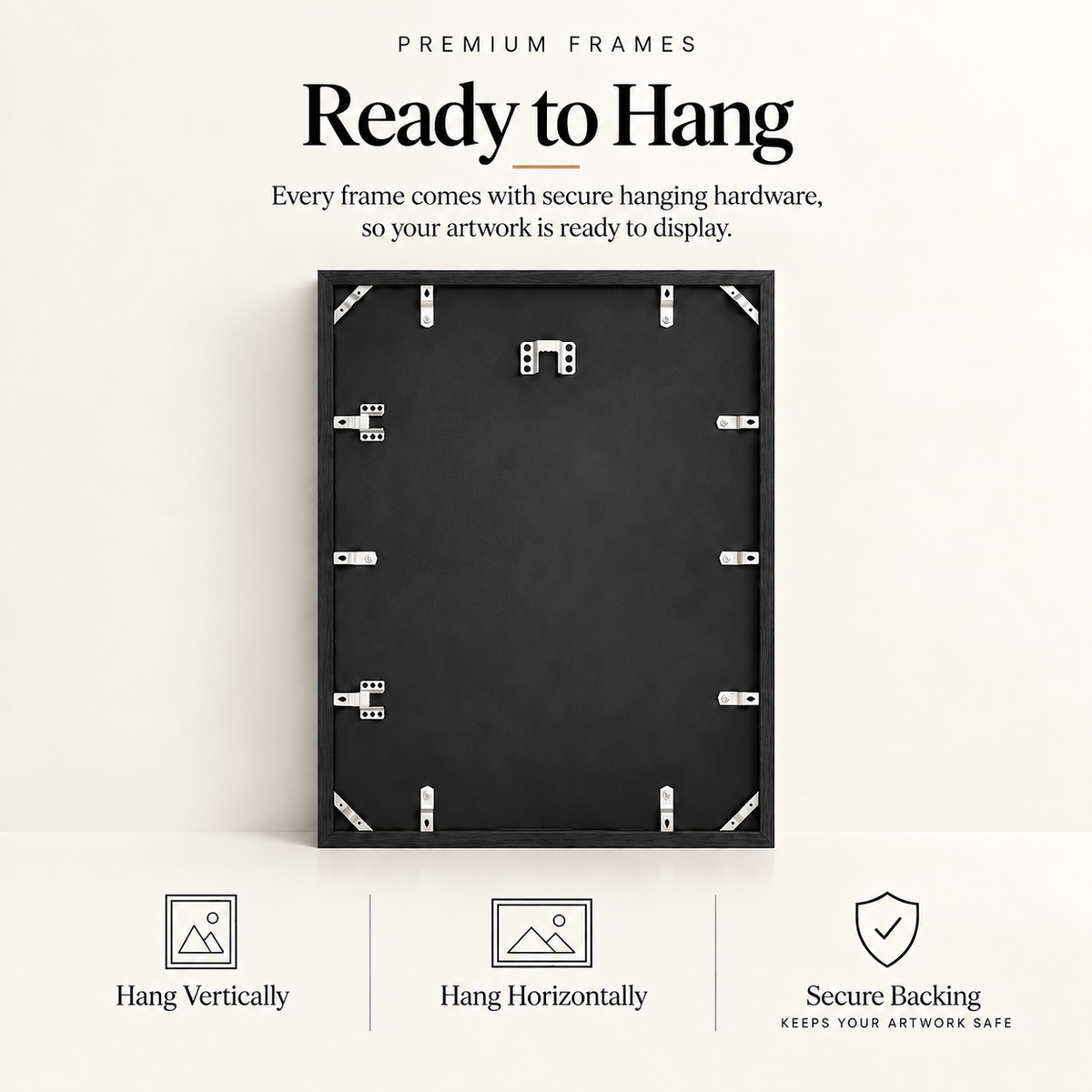 The image is an advertisement for a product called "Premium Frames" that comes with secure hanging hardware, ensuring that the artwork is ready to be displayed.