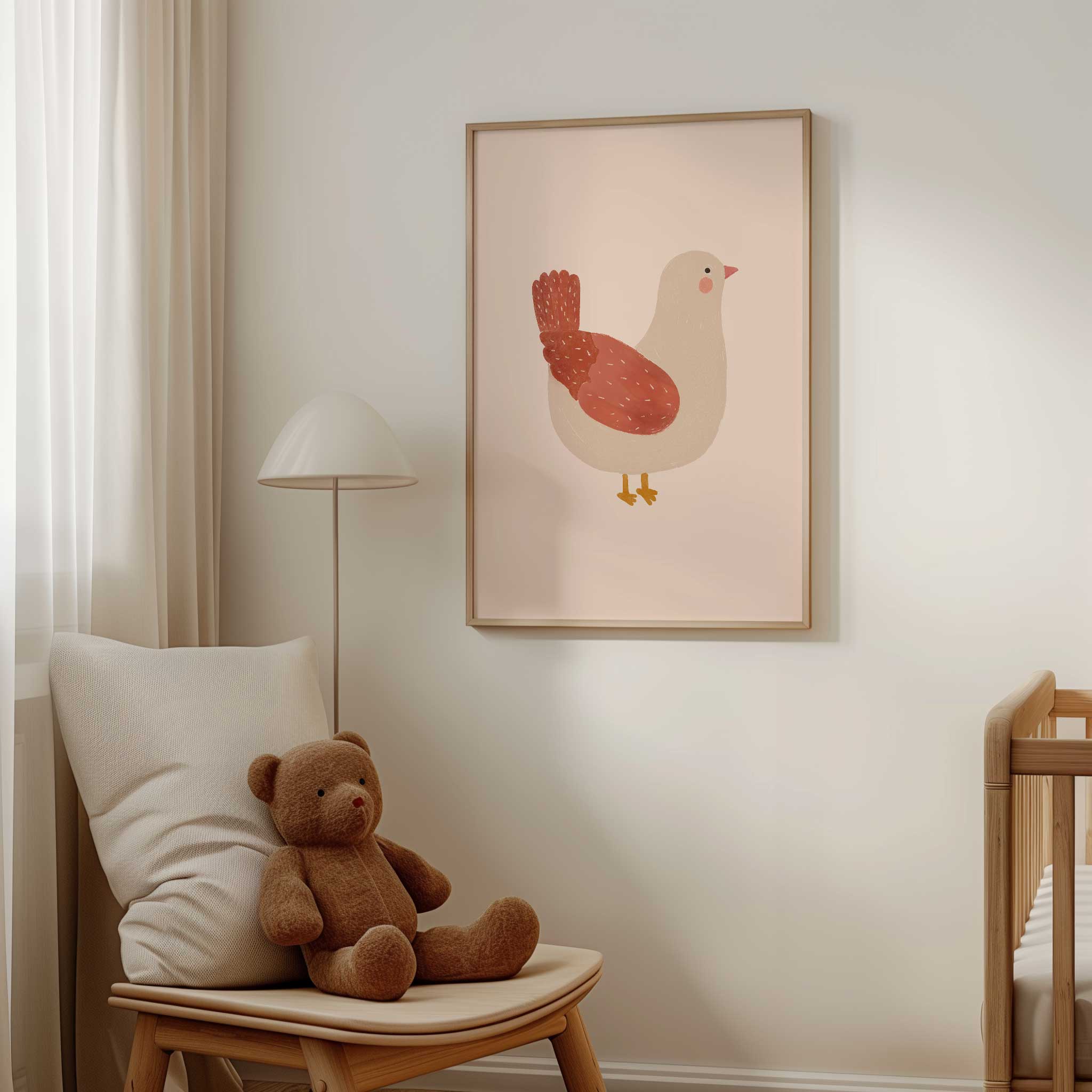 Sweet Blush Red Hen illustration, cozy farmhouse-inspired aesthetic print for nursery