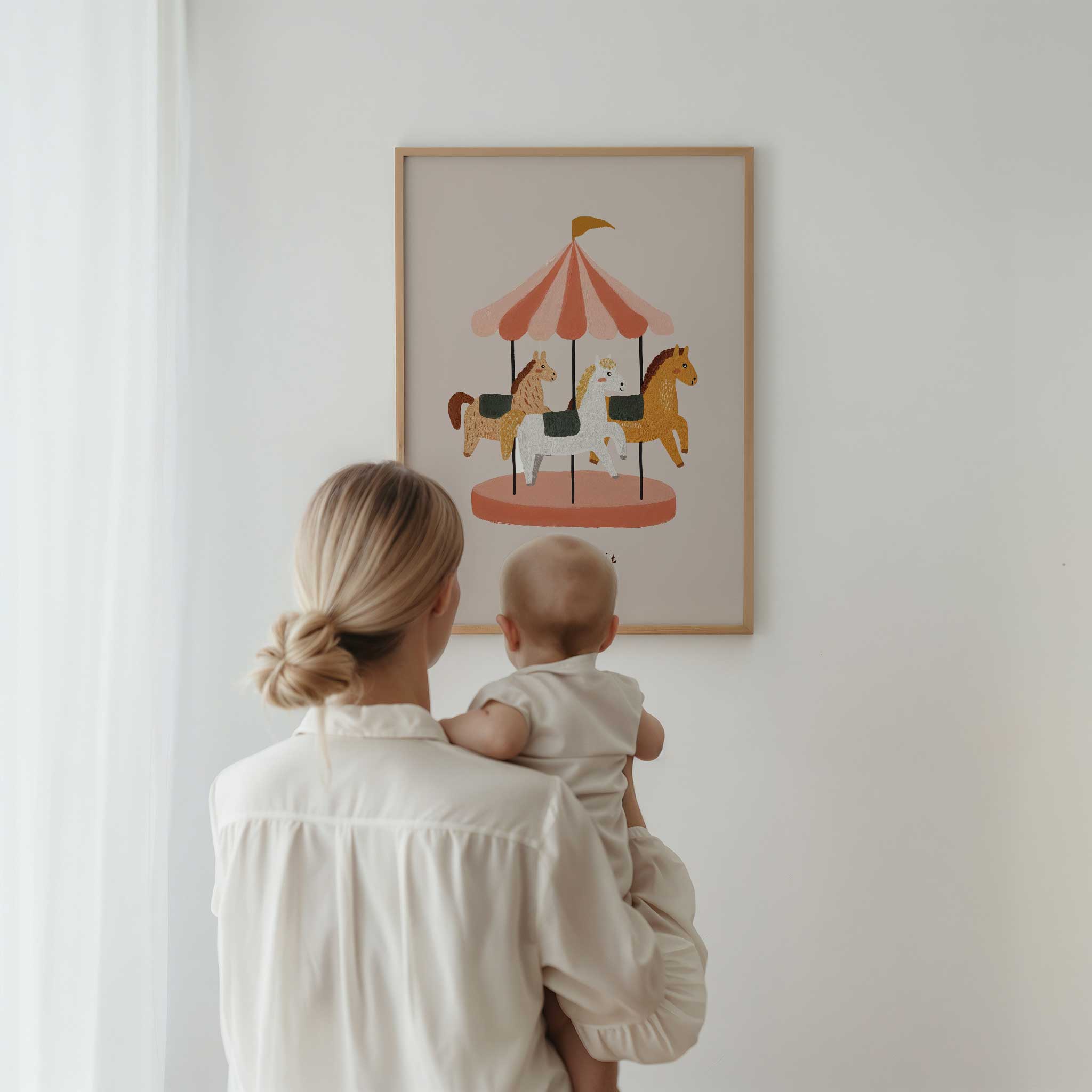 Dreamy Carousel Horses art print in pastels, magical aesthetic print for whimsical nursery