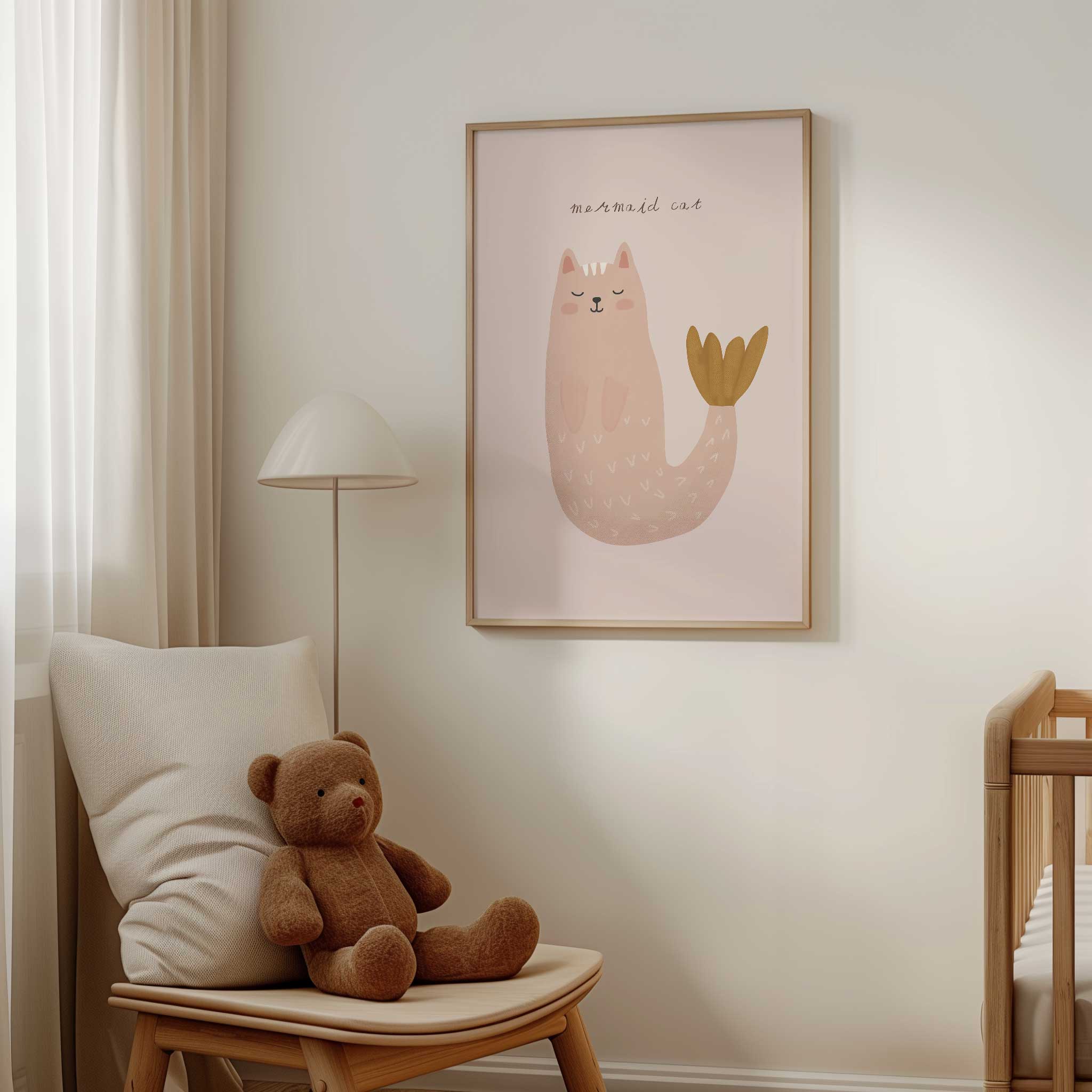 Pastel Mermaid Cat art print, whimsical modern wall art for dreamy kids sea theme