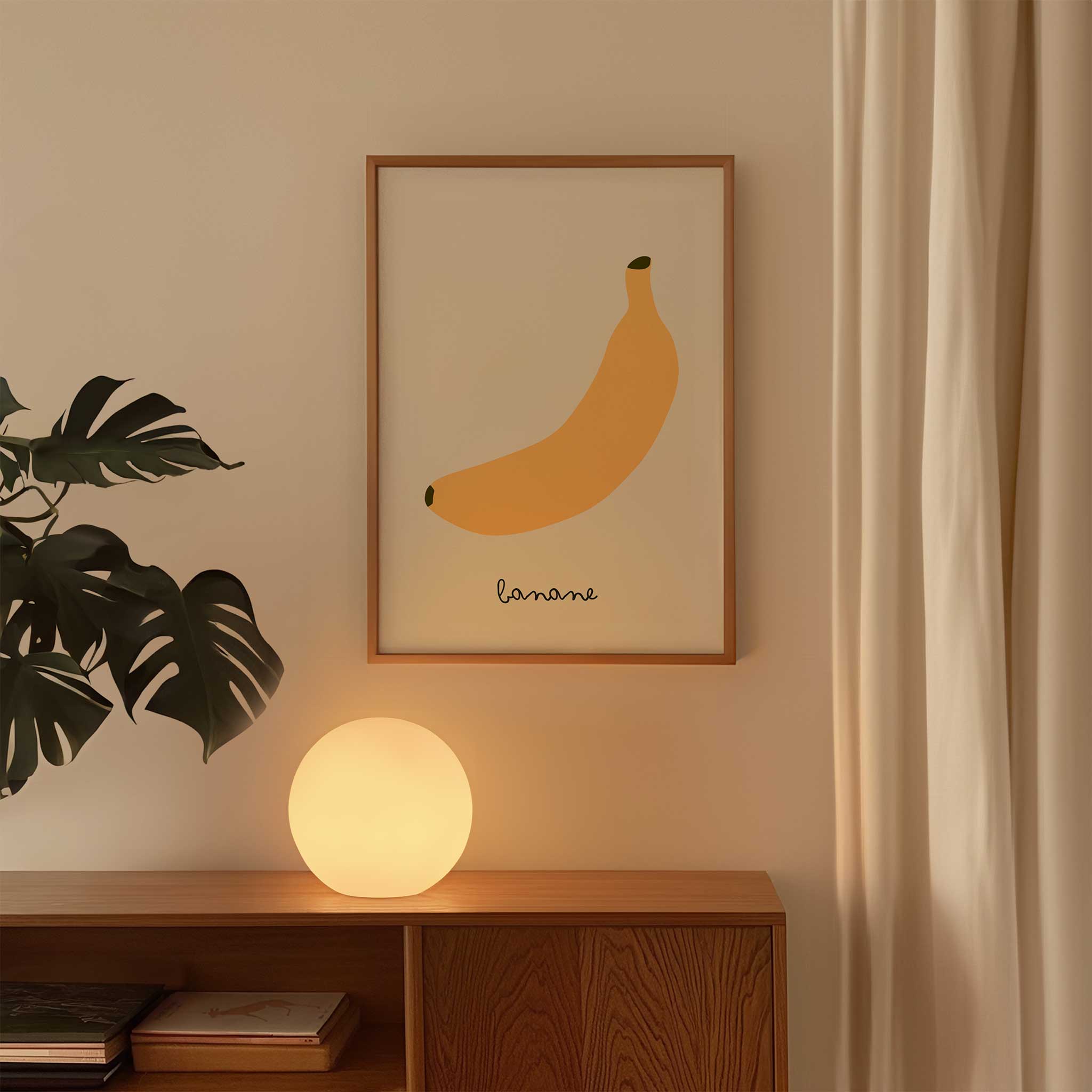Playful banana illustration, 'Banane - Minimal Fruit Print,' modern wall art for kitchen aesthetic, titled 'Banane - Minimal Fruit Print'