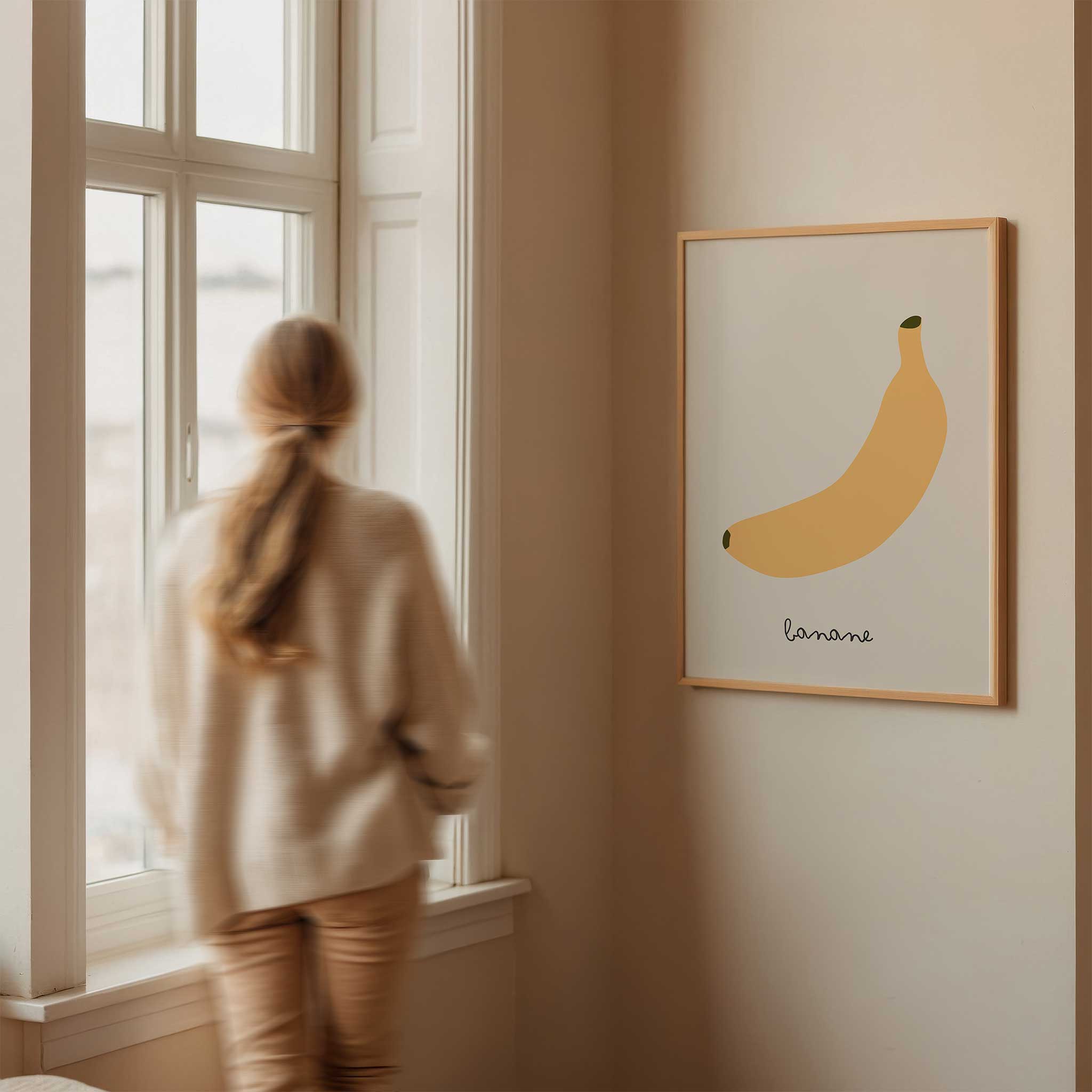 Playful banana illustration, 'Banane - Minimal Fruit Print,' modern wall art for kitchen aesthetic, titled 'Banane - Minimal Fruit Print'