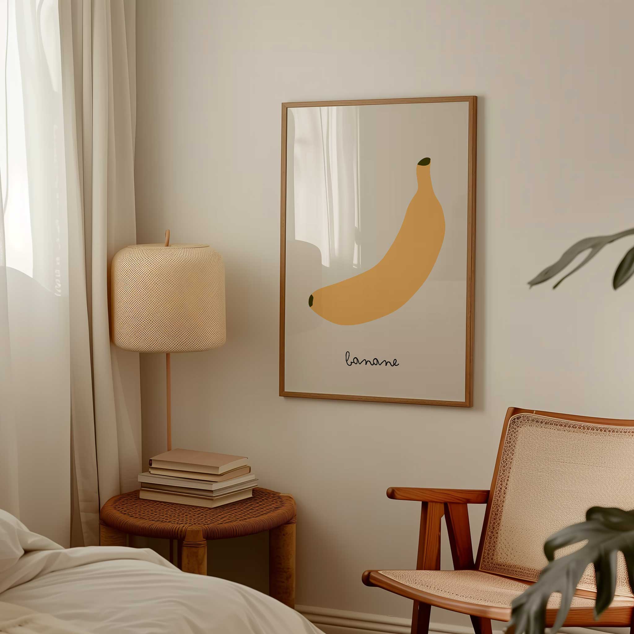 Playful banana illustration, 'Banane - Minimal Fruit Print,' modern wall art for kitchen aesthetic, titled 'Banane - Minimal Fruit Print'