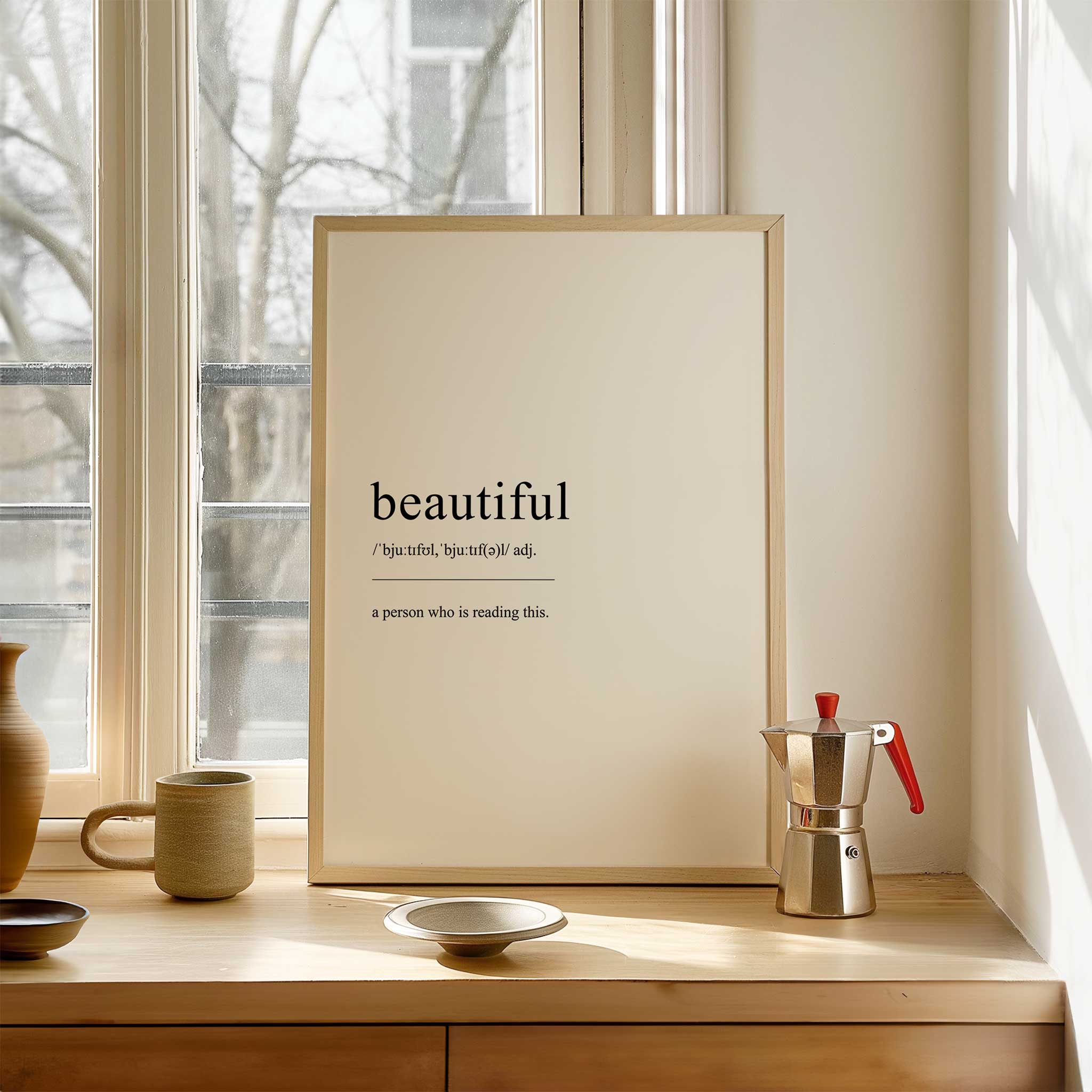 Beautiful Definition' typography, minimalist wall art print for living room motivation, titled 'Beautiful Definition'
