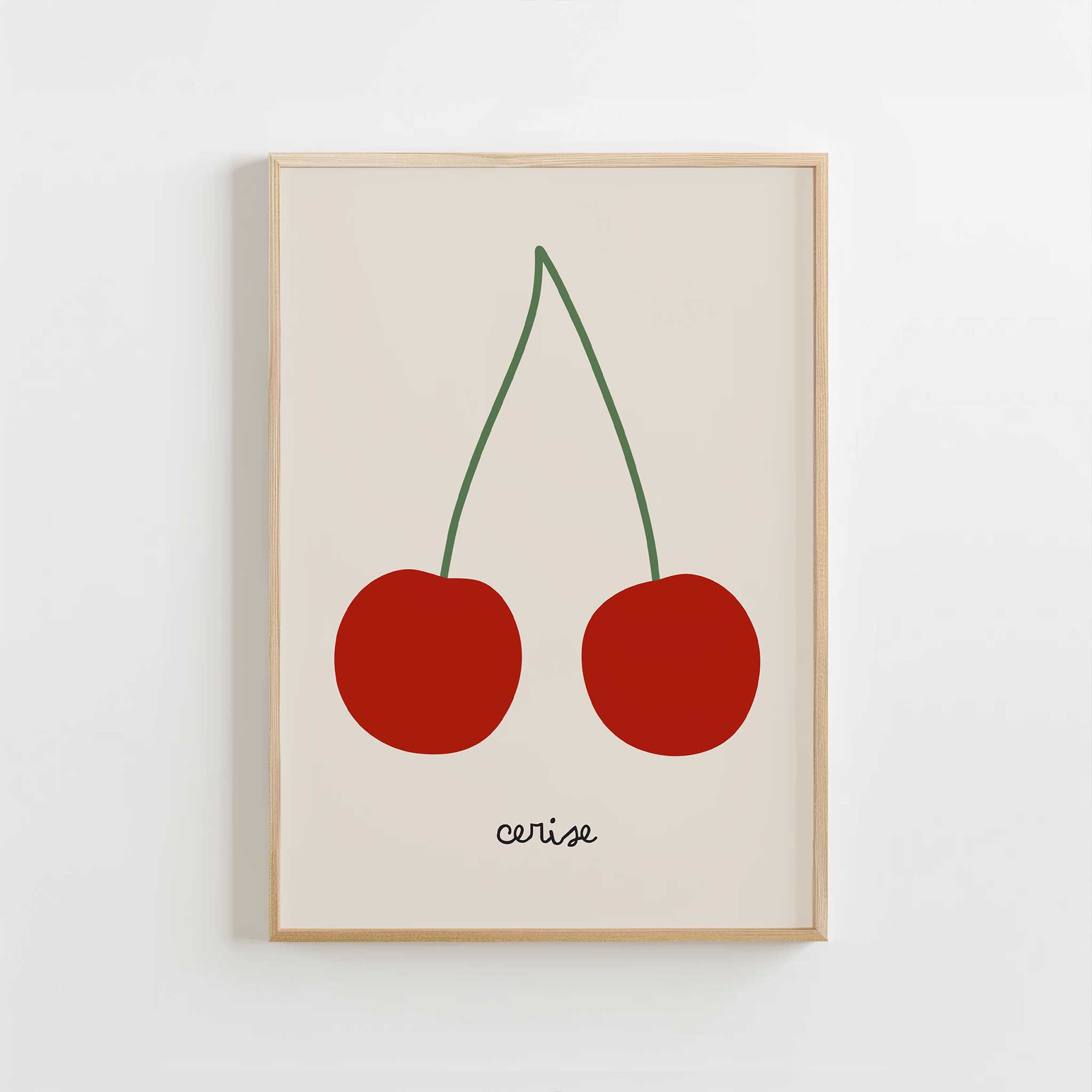 Red cherries illustration, 'Cerise - Minimal Fruit Print,' retro framed wall art print for playful aesthetic, titled 'Cerise - Minimal Fruit Print'