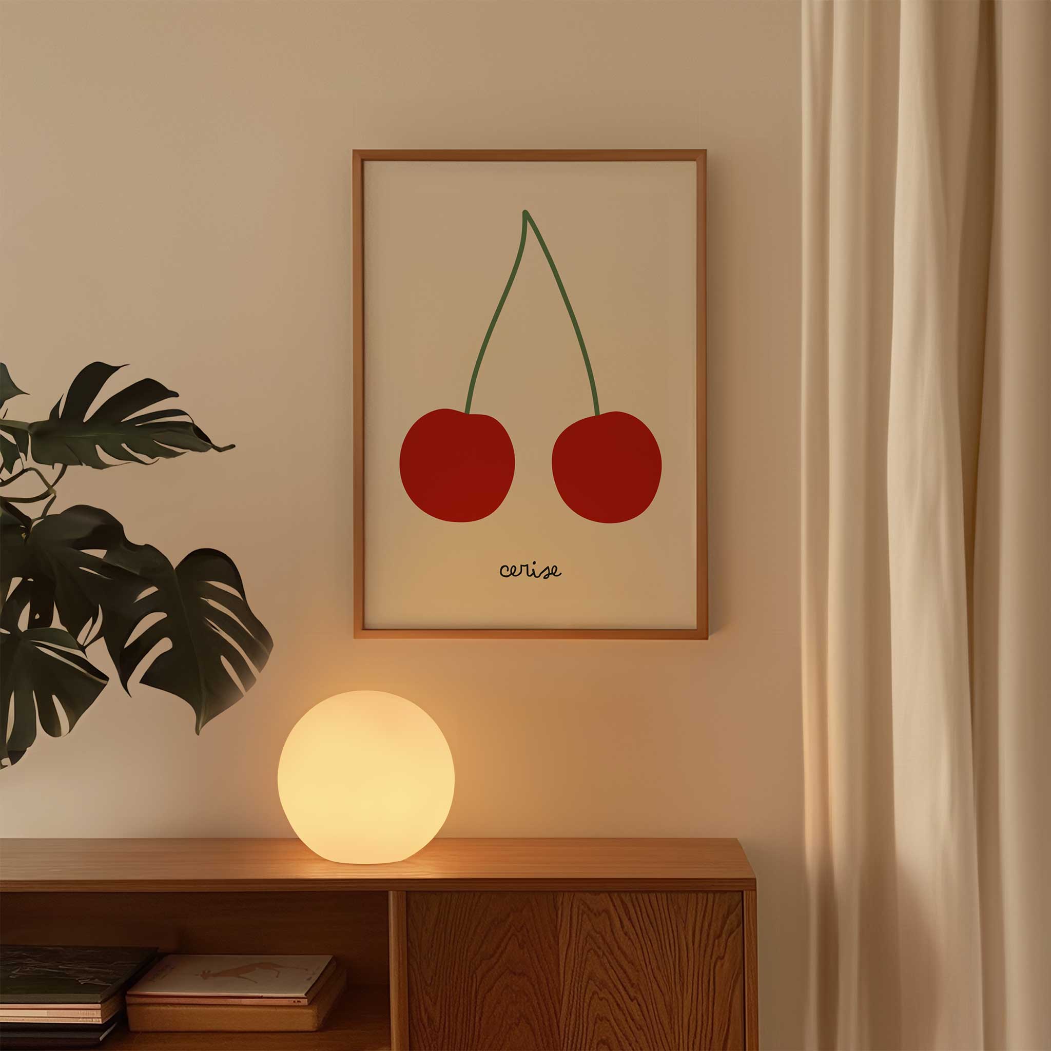 Red cherries illustration, 'Cerise - Minimal Fruit Print,' retro framed wall art print for playful aesthetic, titled 'Cerise - Minimal Fruit Print'