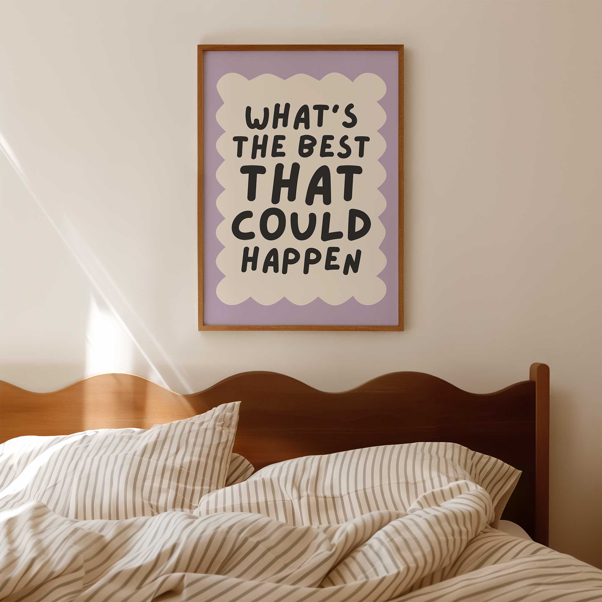 What's the Best That Could Happen - Purple Edition' cheerful typography, modern wall decor for optimistic aesthetic, titled 'What's the Best That Could Happen - Purple Edition'