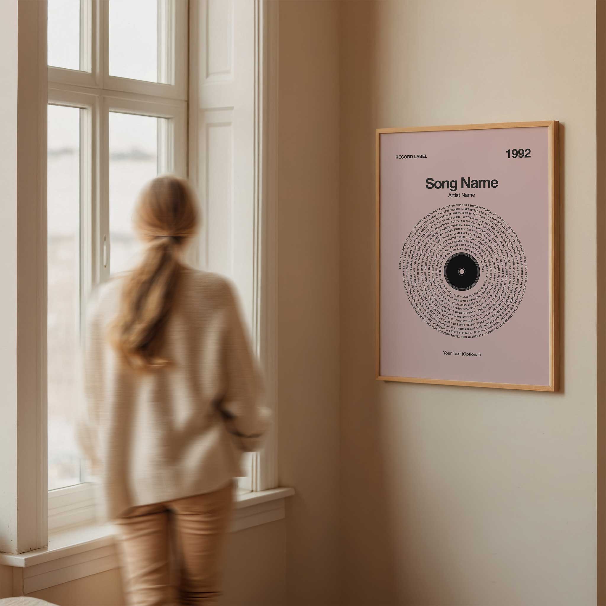 Soft Blush Pink background custom vinyl record art with personalized song lyrics, heartfelt music wall decor.
