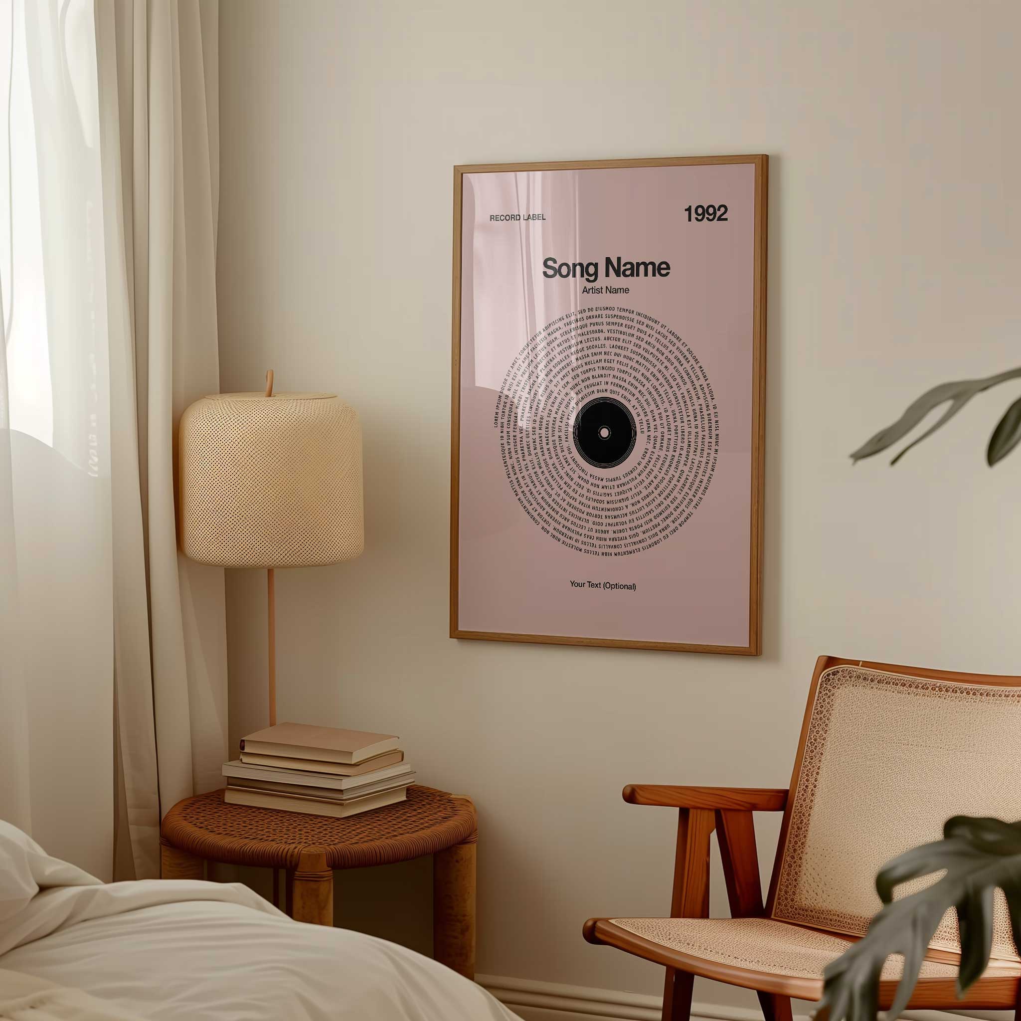 Soft Blush Pink background custom vinyl record art with personalized song lyrics, heartfelt music wall decor.