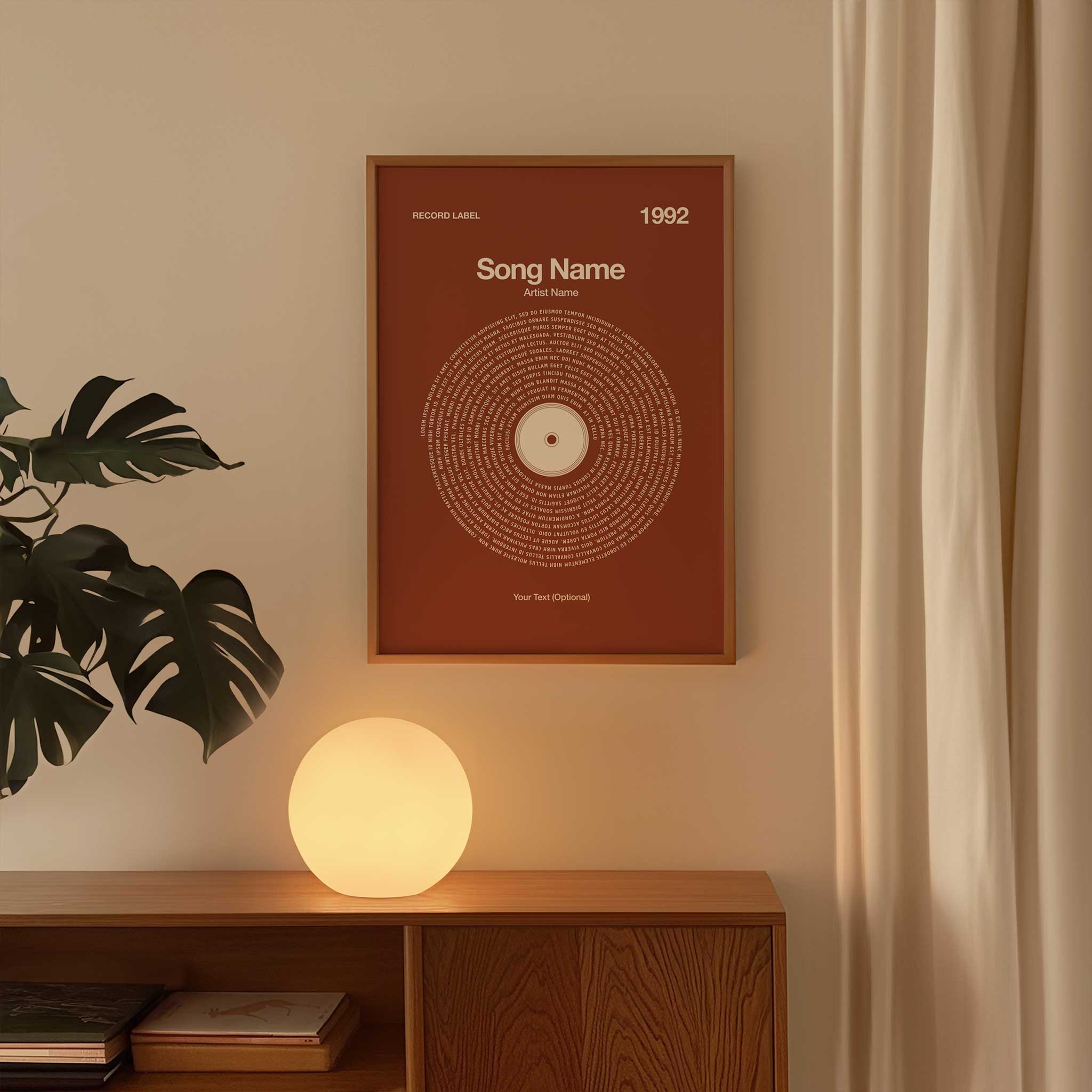Rich Chestnut background custom vinyl lyrics print, timeless personalized music wall art.