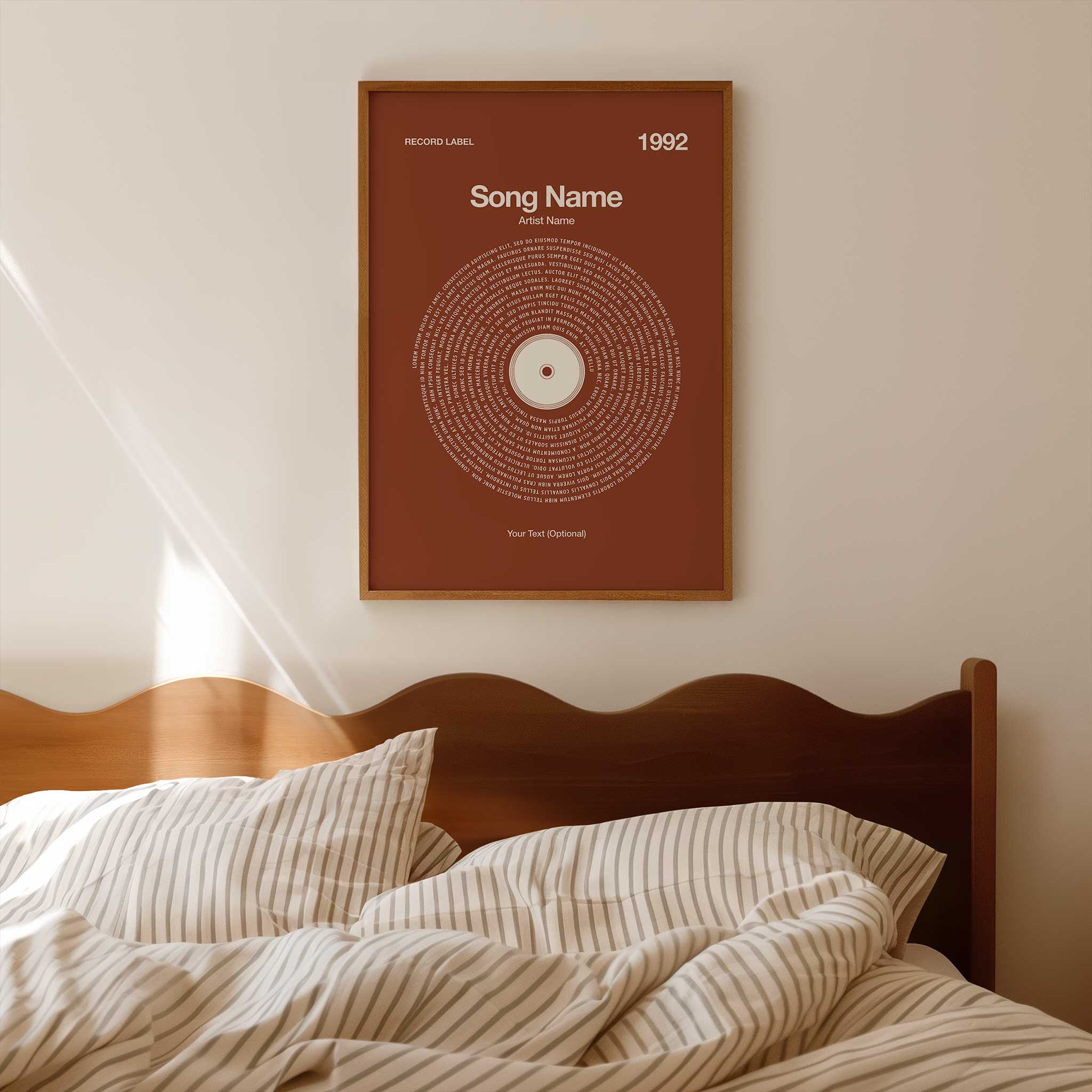 Rich Chestnut background custom vinyl lyrics print, timeless personalized music wall art.