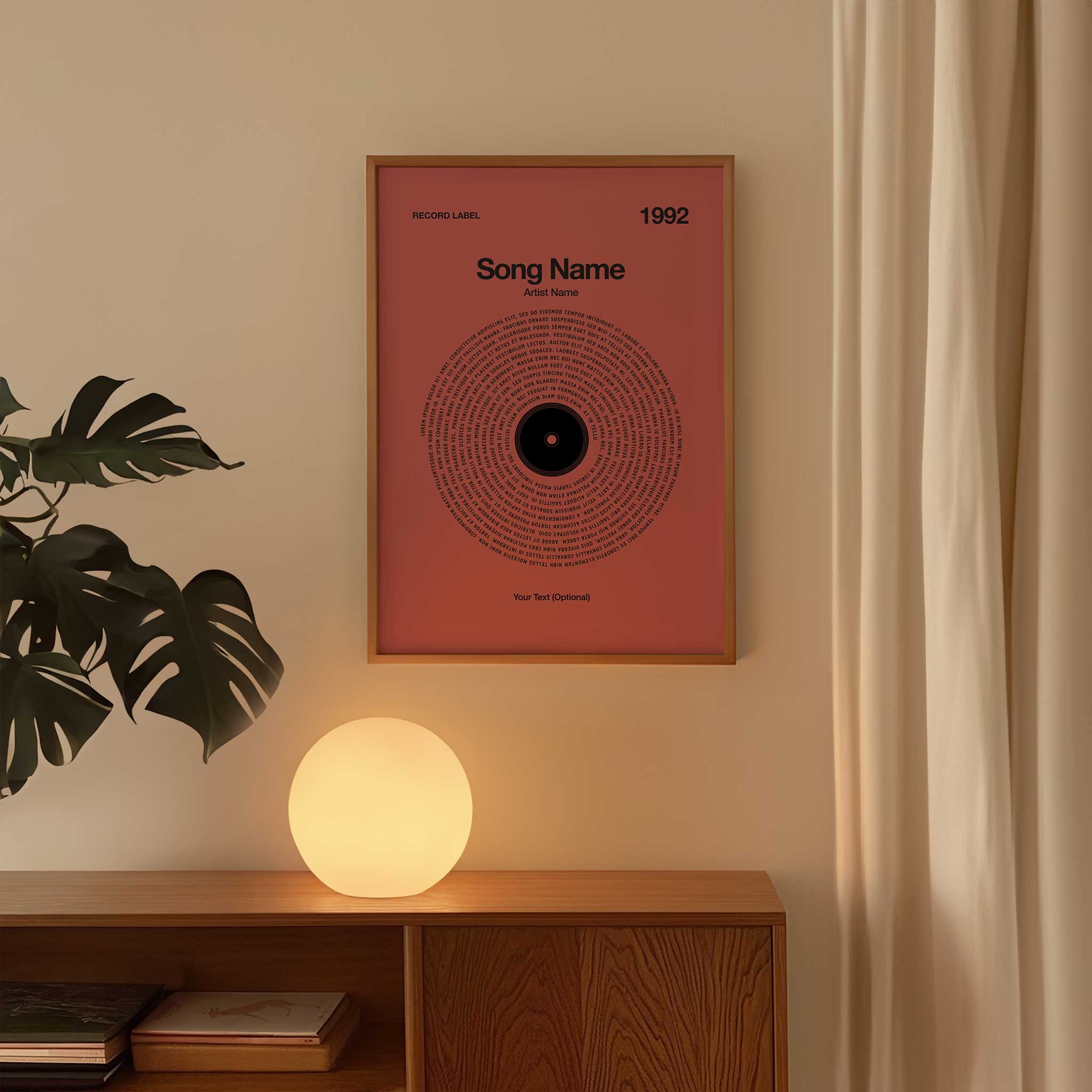 Warm Clay colored custom printed song lyrics in a vinyl record style, earthy aesthetic music art.