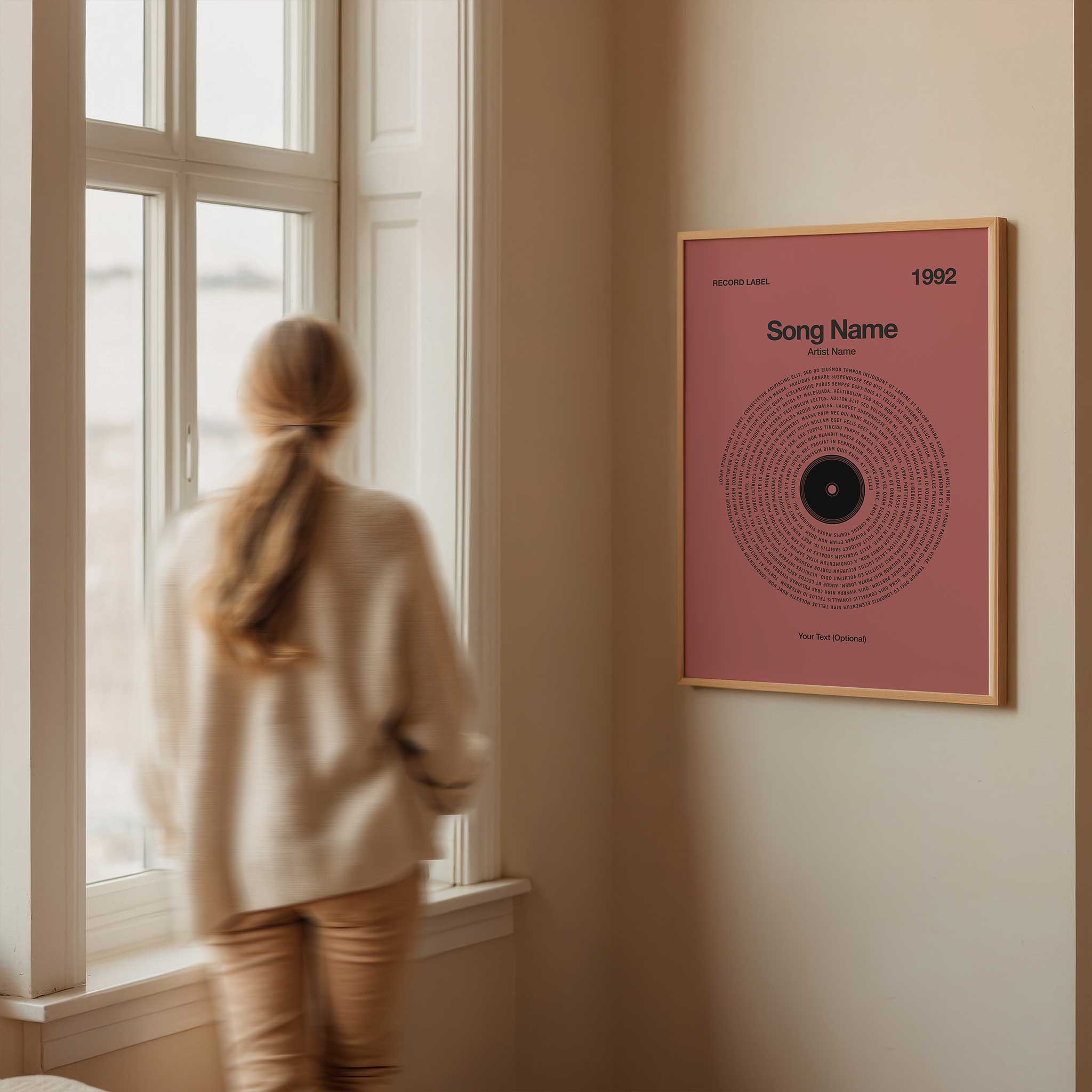 Warm Clay colored custom printed song lyrics in a vinyl record style, earthy aesthetic music art.