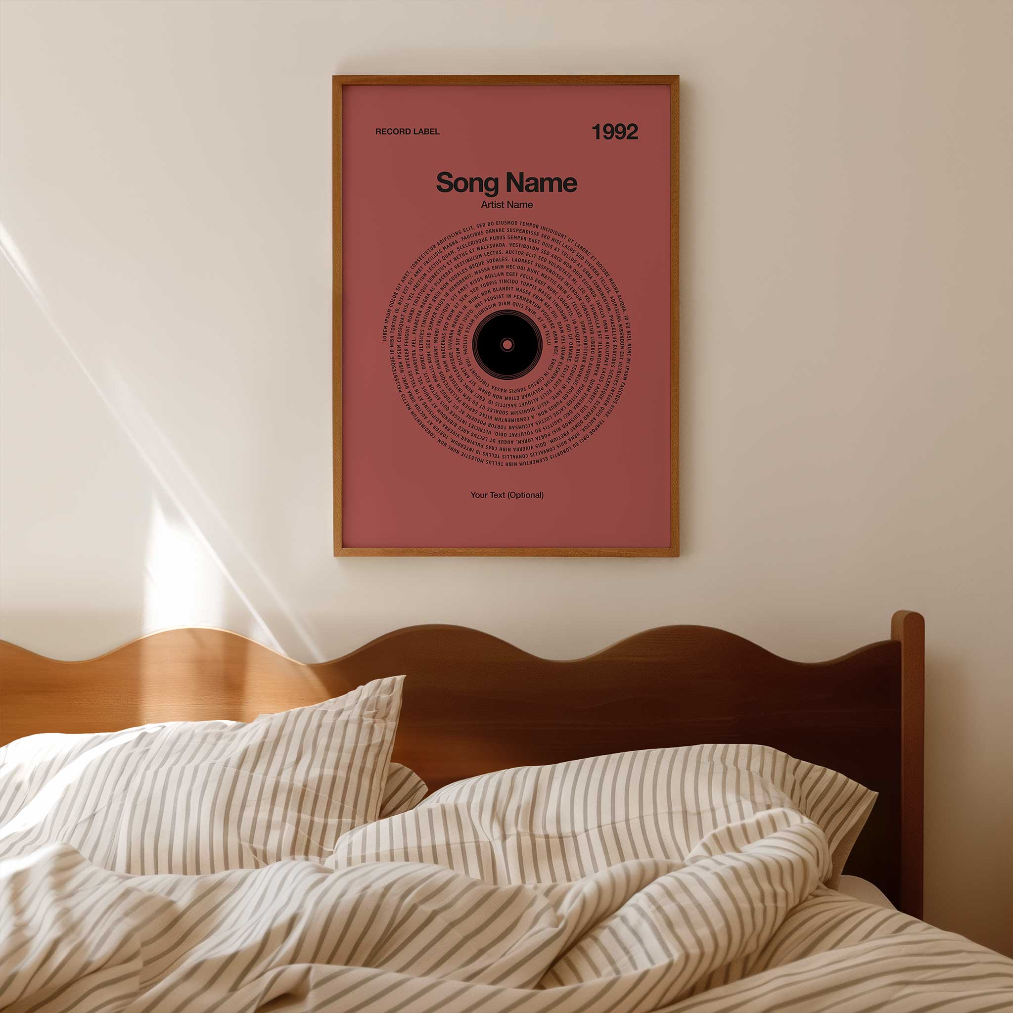 Warm Clay colored custom printed song lyrics in a vinyl record style, earthy aesthetic music art.