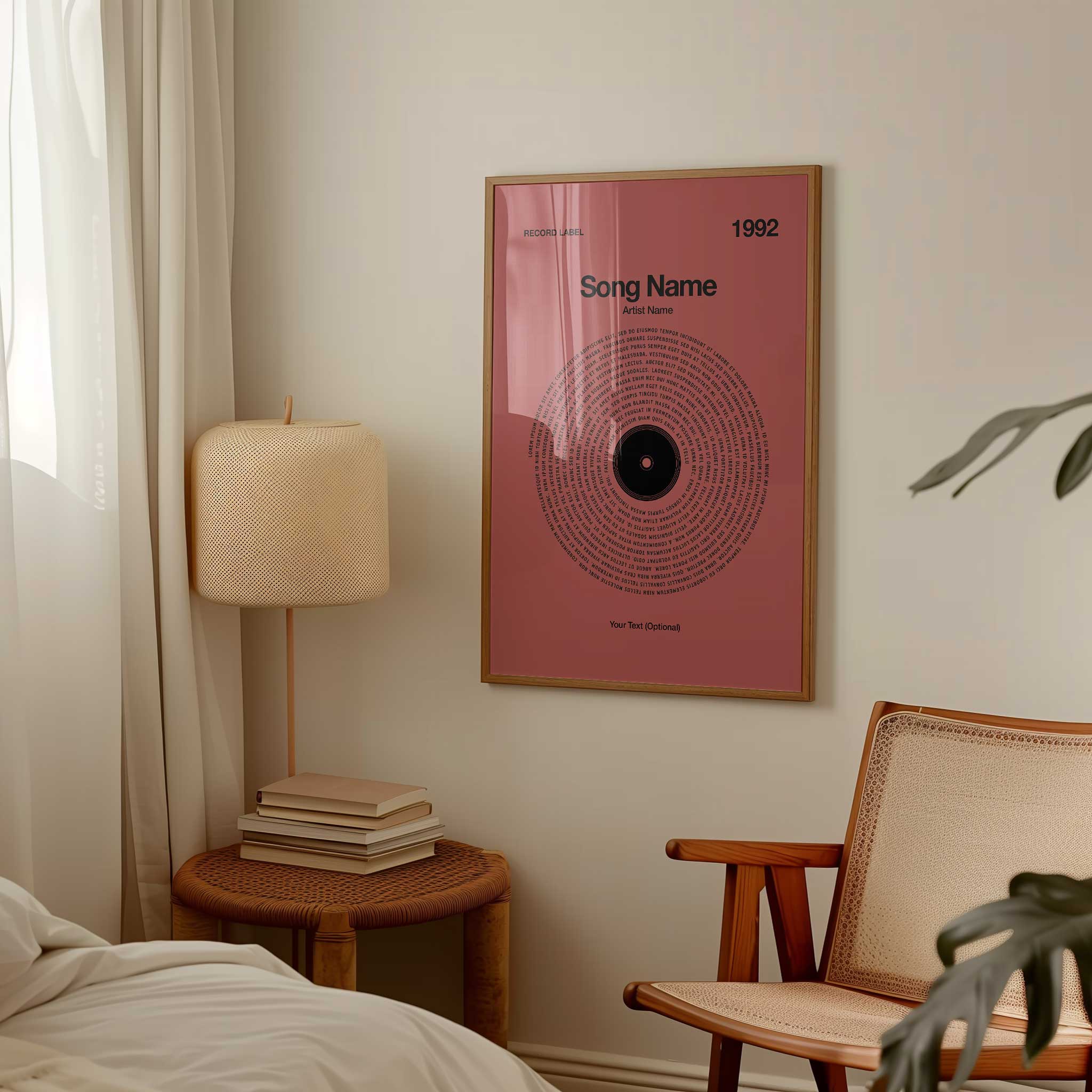 Warm Clay colored custom printed song lyrics in a vinyl record style, earthy aesthetic music art.