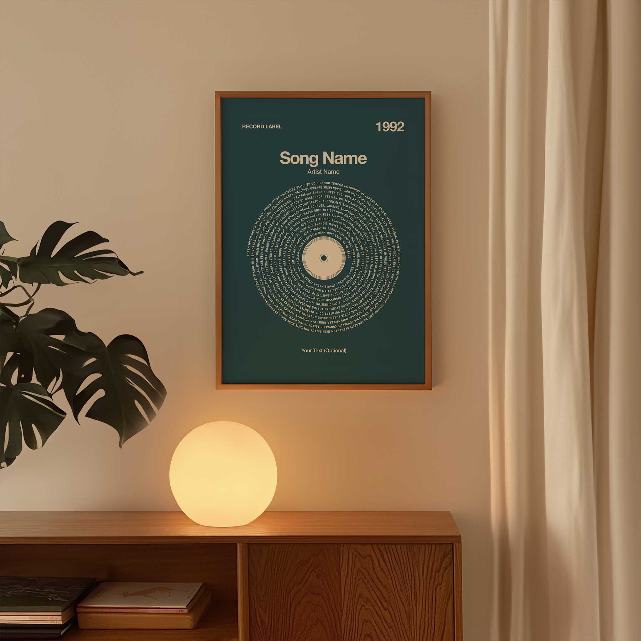 Deepsea Blue background custom lyrics wall art in a vinyl record style, calming personalized music print.