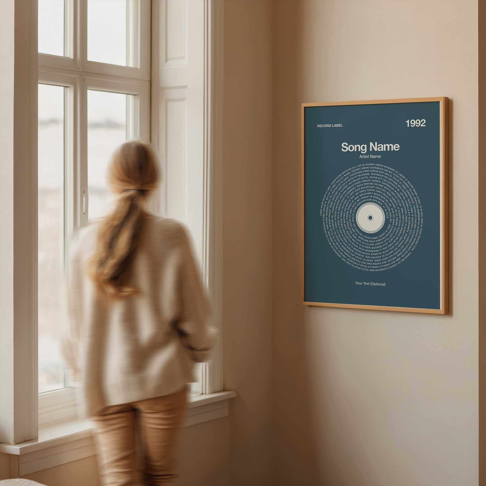 Deepsea Blue background custom lyrics wall art in a vinyl record style, calming personalized music print.