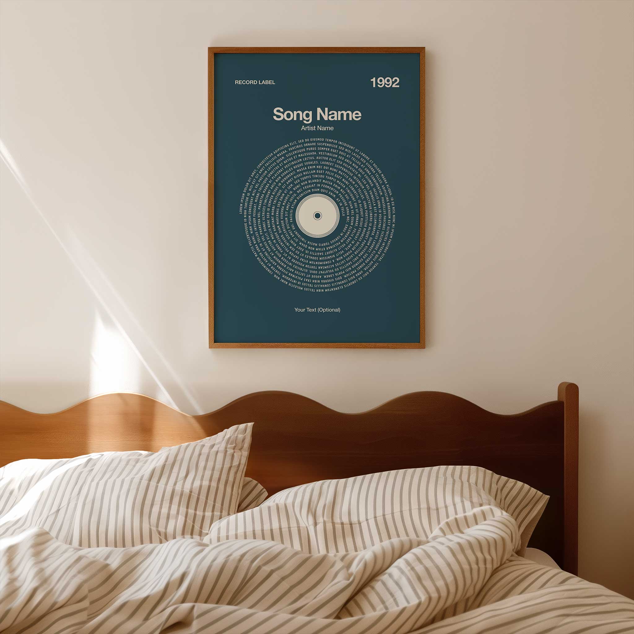 Deepsea Blue background custom lyrics wall art in a vinyl record style, calming personalized music print.