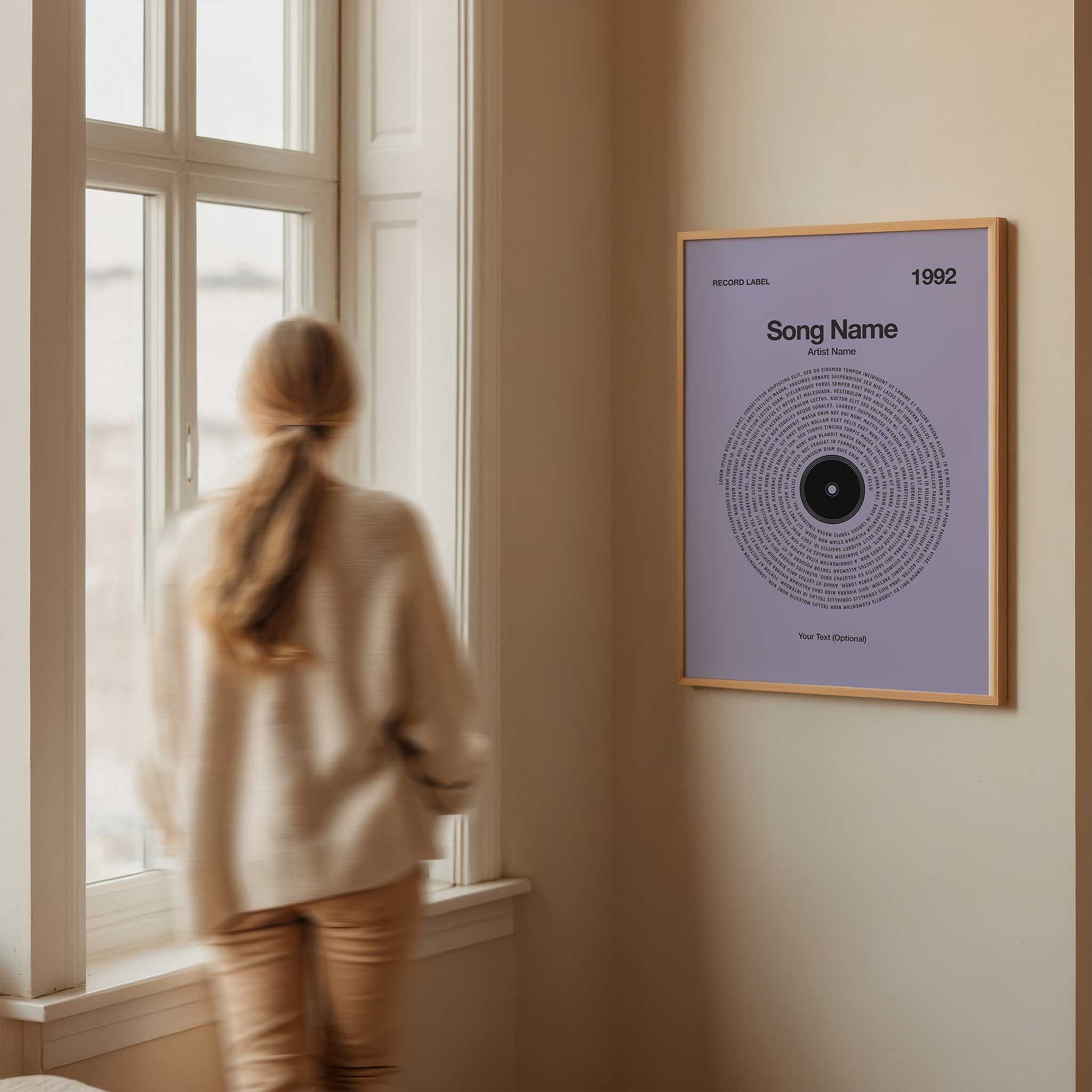 Calming Lavender background personalized song lyrics wall art in a vinyl record style, elegant music art.