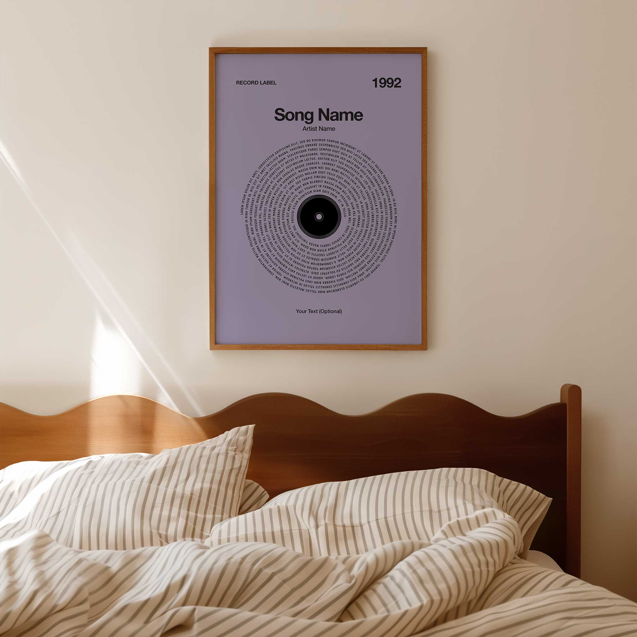 Calming Lavender background personalized song lyrics wall art in a vinyl record style, elegant music art.