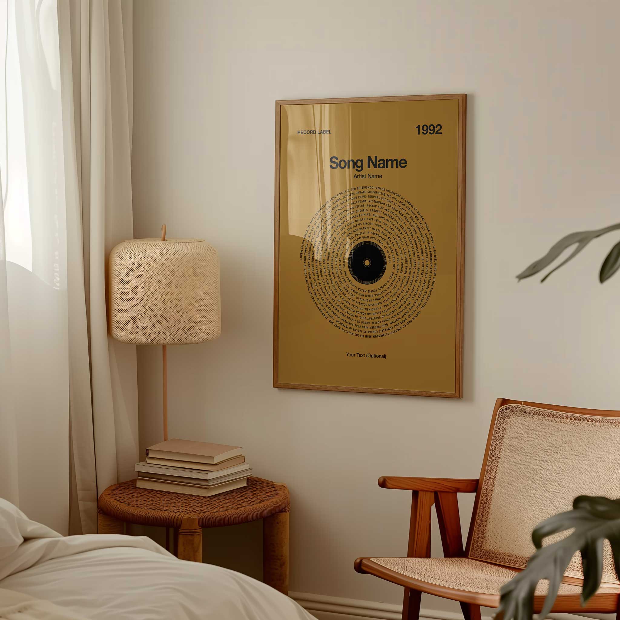 Vibrant Mustard Yellow background custom music wall art with personalized vinyl lyrics, cheerful aesthetic.