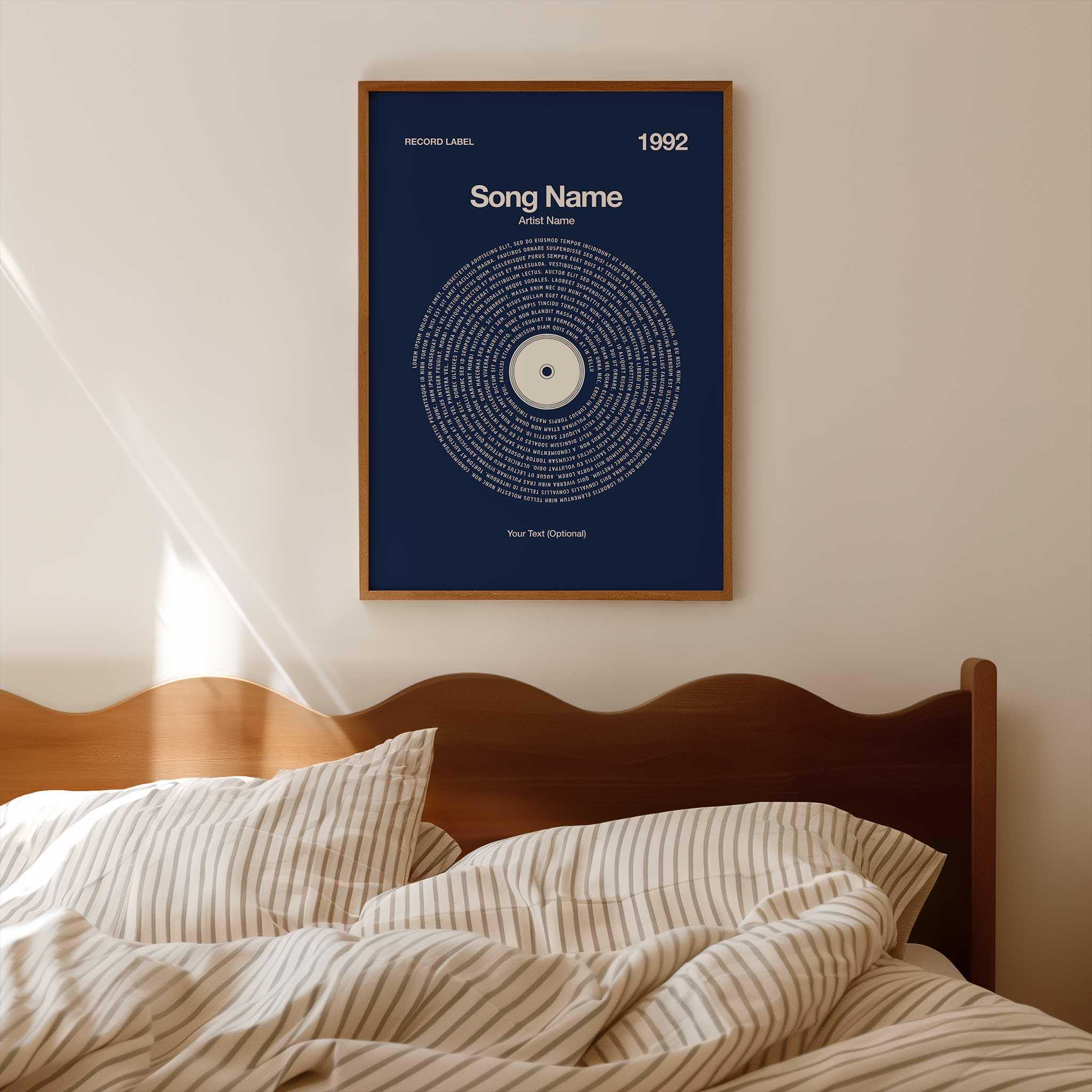 Deep Navy Blue background personalized song lyrics print in a vinyl record style, timeless music art.