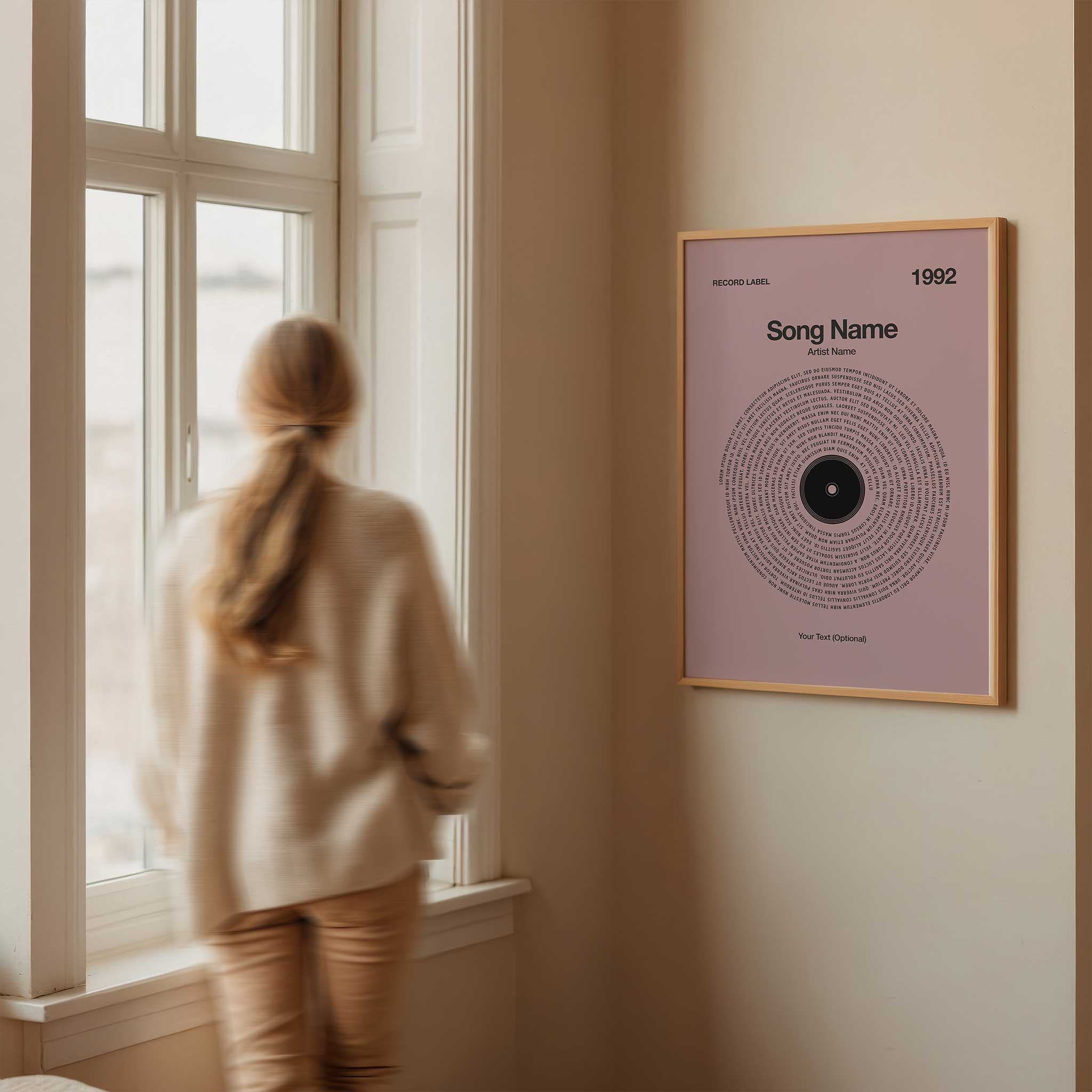 Deep Rosewood background custom music wall art with personalized vinyl lyrics, sophisticated aesthetic.