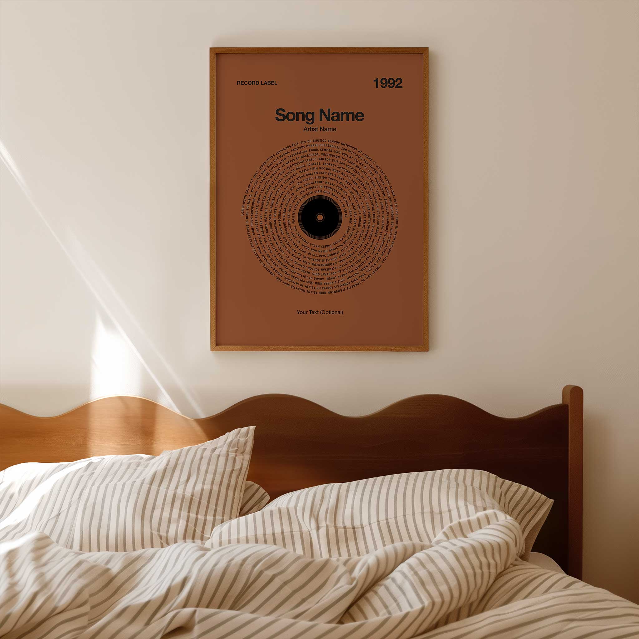 Rich Rust-colored background personalized song lyrics print in a vinyl record style, rustic music gift.