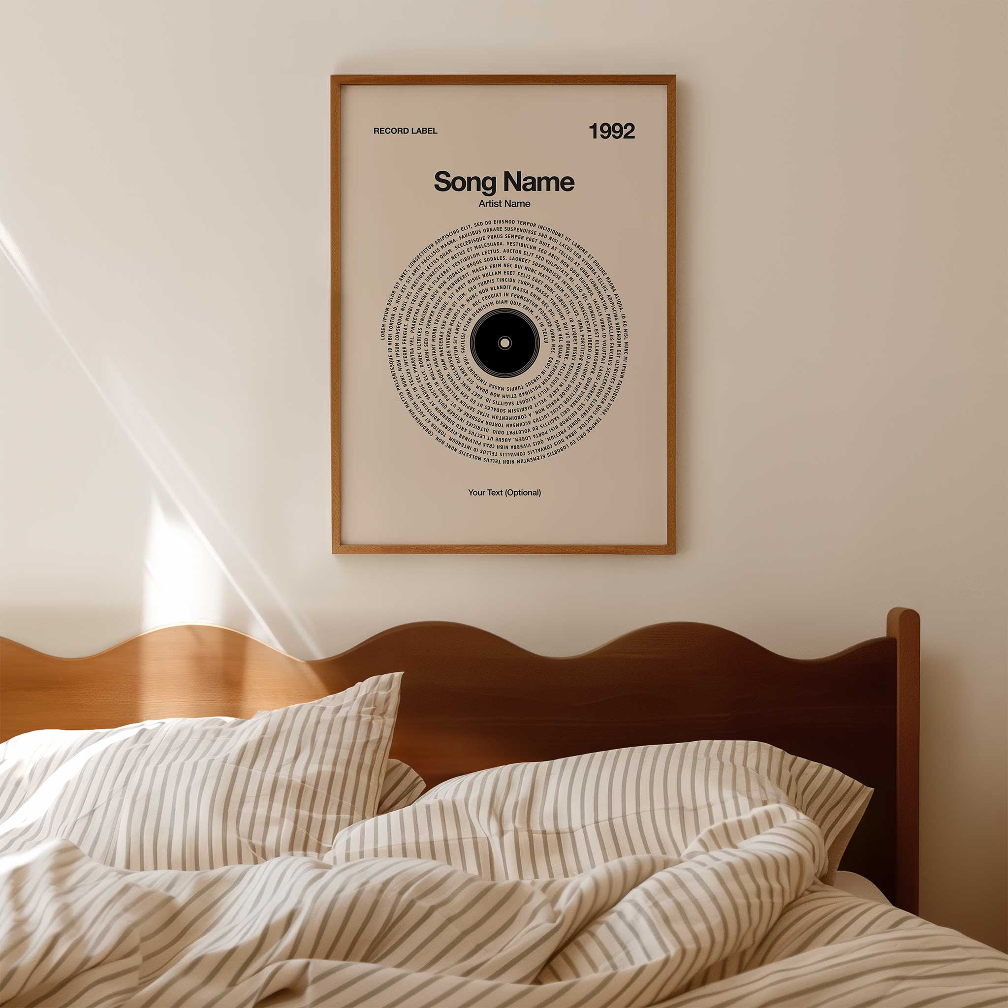Soft Sand-colored background personalized song lyrics wall art in a vinyl record design, serene music decor.