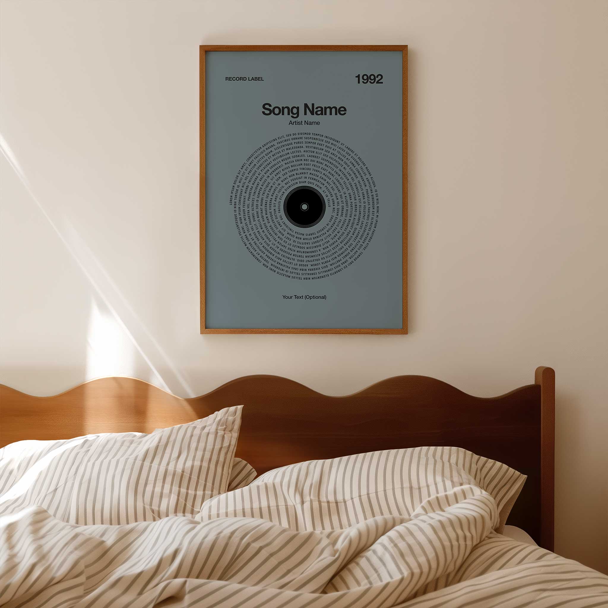 Striking Steel Gray background personalized song lyrics print in a vinyl record style, sleek music art.