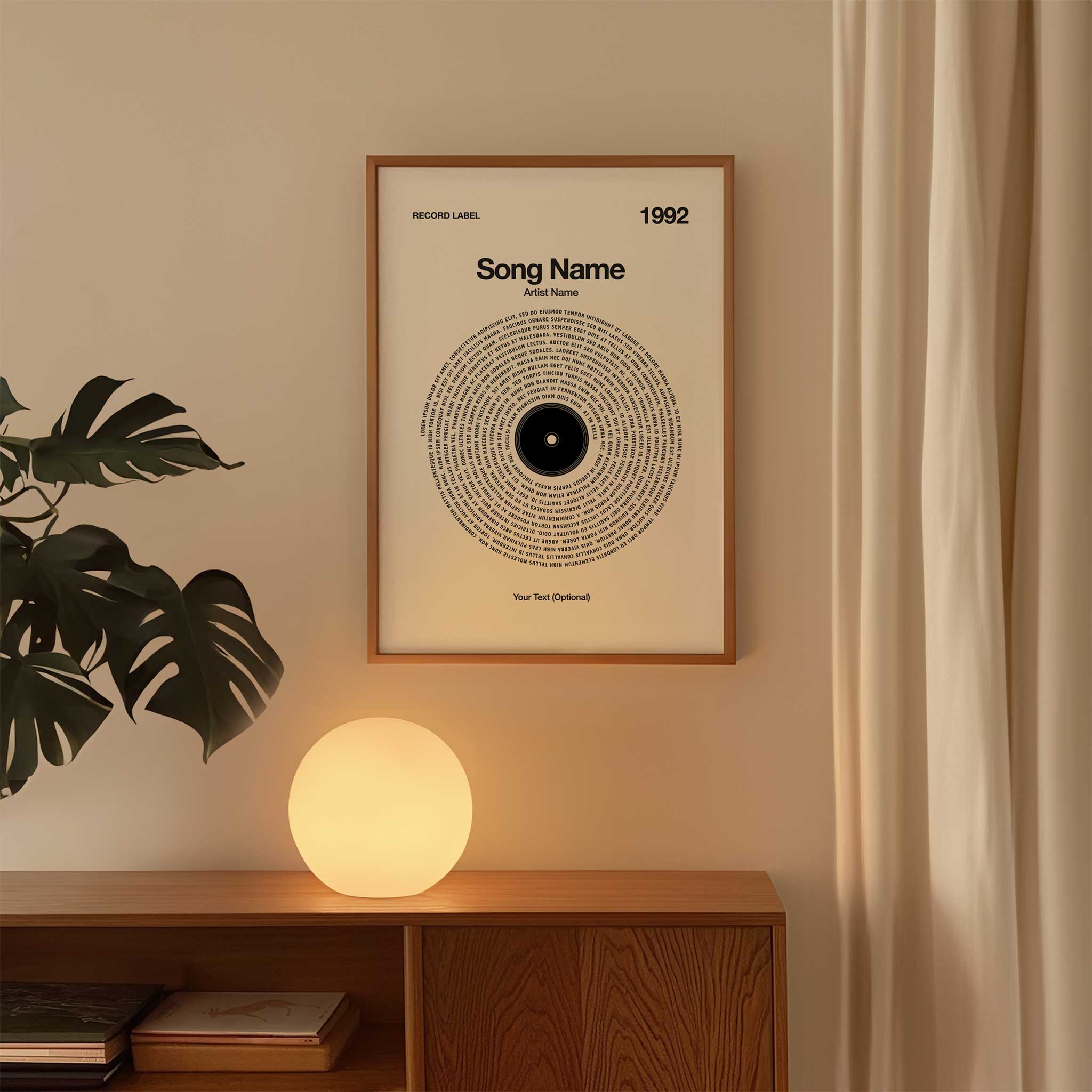Crisp White background personalized song lyrics wall art in a vinyl record design, minimalist music print.