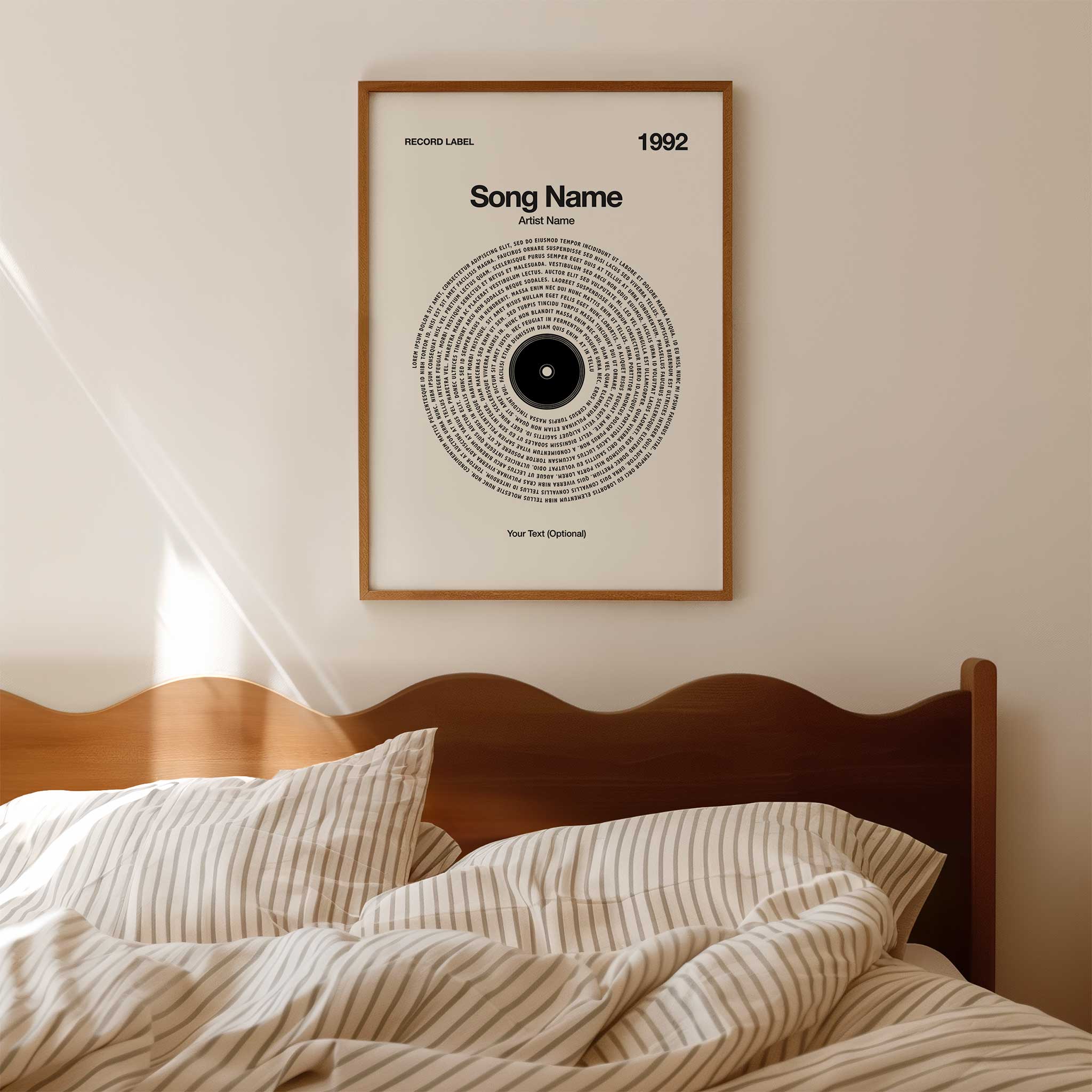 Crisp White background personalized song lyrics wall art in a vinyl record design, minimalist music print.