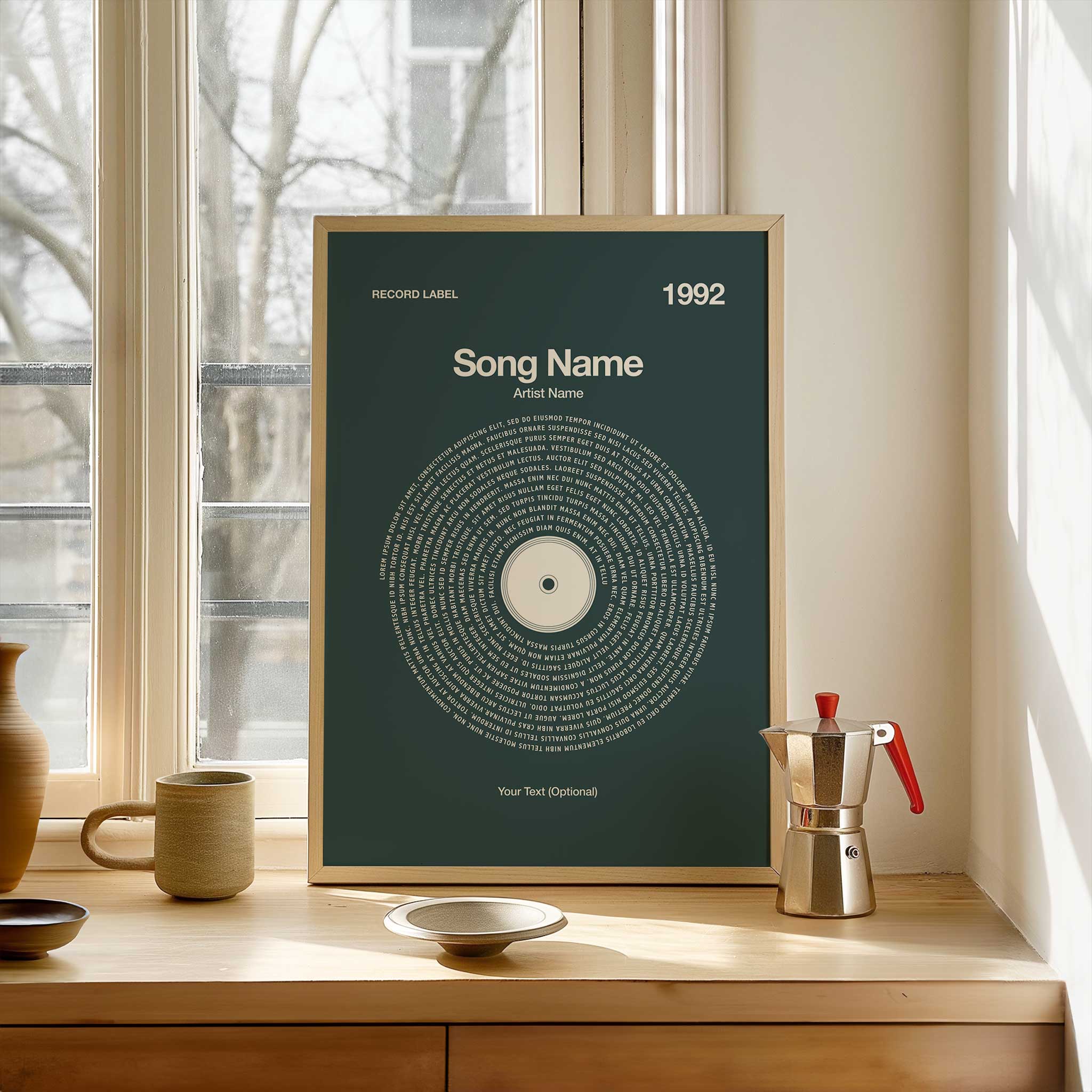 Deep Teal background custom vinyl record art with personalized lyrics, sophisticated music gift.